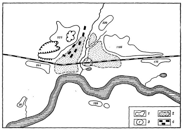 Рис. 15. Гнездовский комплекс памятников (древний Смоленск IX — начало XI в.). План (по А.Я. Лявданскому, Е.А. Шмидту). 1 — курганы, 2 — селище, 3 — городище, 4 — современная д. Гнездово (цифры — количество курганов) Рис. 15. Гнездовский комплекс памятников (древний Смоленск IX — начало XI в.). План (по А.Я. Лявданскому, Е.А. Шмидту). 1 — курганы, 2 — селище, 3 — городище, 4 — современная д. Гнездово (цифры — количество курганов)