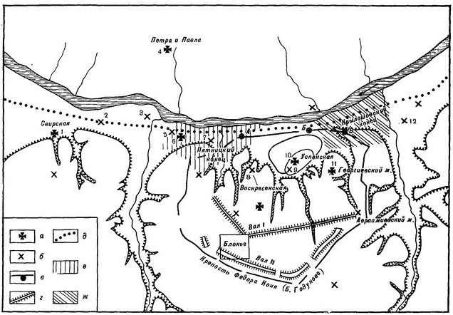 Рис. 19. Топография «княжеского» Смоленска (реконструкция автора). Церкви: 1 — Михаил Архангел, 2 — Безымянная на Б. Краснофлотской улице, 3 — Кирилловская, 4 — Петра и Павла, 5— «Латинская Божница» (ротонда), 6 — Иоанна Богослова, 7 — Пятницы на Малом Торгу, 8 — на Воскресенской горе, 9 — бесстолпная капелла, 10 — собор Мономаха (1101 г.), 11— «Терем», 12 — на Большой Рачевке, 13 — Авраамиев монастырь (9—11 — на детинце); а — домонгольские церкви сохранившиеся, б — домонгольские церкви, известные по раскопкам, в — линия стен и башен крепости Бориса Годунова (зодчий Федор Конь), XVII в. (А — Пятницкая башня, Б — Крылошанская башня), г — валы окольного города Ростислава Смоленского (1135 г.) — внутренний, эпохи развитого средневековья (внешний), д — предполагаемая линия улицы Великой, е — Пятницкий конец, ж — Крылошанский конец Рис. 19. Топография «княжеского» Смоленска (реконструкция автора). Церкви: 1 — Михаил Архангел, 2 — Безымянная на Б. Краснофлотской улице, 3 — Кирилловская, 4 — Петра и Павла, 5— «Латинская Божница» (ротонда), 6 — Иоанна Богослова, 7 — Пятницы на Малом Торгу, 8 — на Воскресенской горе, 9 — бесстолпная капелла, 10 — собор Мономаха (1101 г.), 11— «Терем», 12 — на Большой Рачевке, 13 — Авраамиев монастырь (9—11 — на детинце); а — домонгольские церкви сохранившиеся, б — домонгольские церкви, известные по раскопкам, в — линия стен и башен крепости Бориса Годунова (зодчий Федор Конь), XVII в. (А — Пятницкая башня, Б — Крылошанская башня), г — валы окольного города Ростислава Смоленского (1135 г.) — внутренний, эпохи развитого средневековья (внешний), д — предполагаемая линия улицы Великой, е — Пятницкий конец, ж — Крылошанский конец