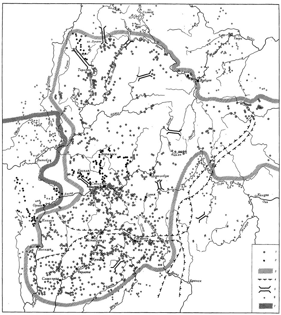 Рис. 2. Археологическая карта курганов Смоленской земли. Полусферические насыпи (IX—XIII вв.). Составлена автором. 1. Курганные группы вне сухопутных путей. 2. Курганные группы на сухопутных путях. 3. Граница Смоленской земли домонгольского времени. 4. Границы древнерусских племен. 5. Волоки Смоленской земли по топографическим данным. 6. Курганные группы за пределами Смоленской земли. 7. Граница Полоцкой земли. Рис. 2. Археологическая карта курганов Смоленской земли. Полусферические насыпи (IX—XIII вв.). Составлена автором. 1. Курганные группы вне сухопутных путей. 2. Курганные группы на сухопутных путях. 3. Граница Смоленской земли домонгольского времени. 4. Границы древнерусских племен. 5. Волоки Смоленской земли по топографическим данным. 6. Курганные группы за пределами Смоленской земли. 7. Граница Полоцкой земли.
