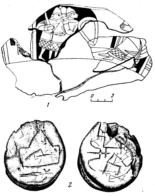 Рис. 28. Ростиславль (Рославль). Находки из культурного слоя детинца. 1 — часть деревянной чаши с резным изображением воинов с князем, 2 — навершие (?) посоха (?) с княжеским знаком близким к тамге Ростислава Смоленского и короной (нижний слой пожарища) Рис. 28. Ростиславль (Рославль). Находки из культурного слоя детинца. 1 — часть деревянной чаши с резным изображением воинов с князем, 2 — навершие (?) посоха (?) с княжеским знаком близким к тамге Ростислава Смоленского и короной (нижний слой пожарища)