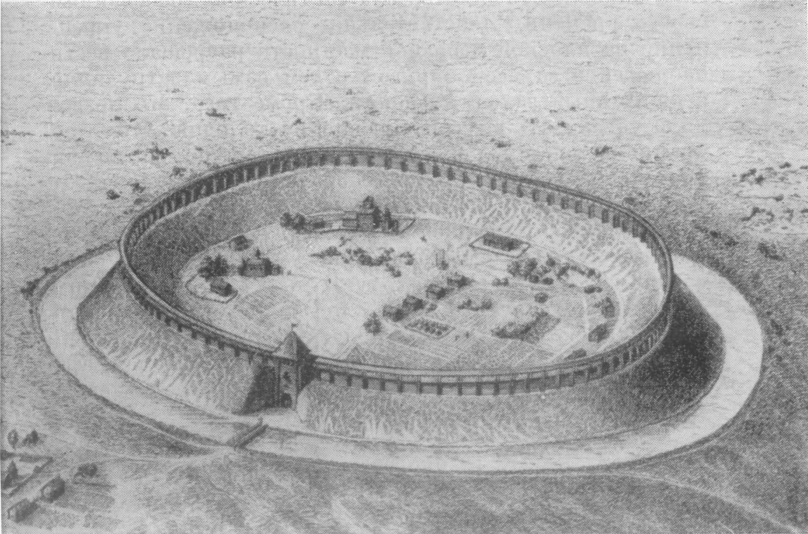 4. Город Мстиславль в XII в. Рисунок А. Чумаченво по реконструкции автора. Широкое распространение круглых в плане укреплений в XII в, объясняется тем, что крепость такого типа наиболее точно отвечала тактическим требованиям своего времени. Действительно, расположение укреплений на плоской и ровной местности разрешало вести наблюдение за всей округой и тем самым затрудняло неожиданный захват крепости. Кроме того, это позволяло устраивать внутри укрепления колодцы, что было крайне важно в условиях господства тактики пассивной длительной осады. Таким образом, отказываясь от защитных свойств холмистого рельефа и крутых склонов, строители укреплений в XII в. использовали другие свойства местности, дававшие не меньшую, а быть может, даже большую выгоду. И, наконец, важнейшим достоинством круглых крепостей было удобство вести фронтальную стрельбу с городских стен во всех направлениях, не опасаясь, что конфигурация рельефа может создать где-либо «мертвые», непростреливаемые участки 4. Город Мстиславль в XII в. Рисунок А. Чумаченво по реконструкции автора. Широкое распространение круглых в плане укреплений в XII в, объясняется тем, что крепость такого типа наиболее точно отвечала тактическим требованиям своего времени. Действительно, расположение укреплений на плоской и ровной местности разрешало вести наблюдение за всей округой и тем самым затрудняло неожиданный захват крепости. Кроме того, это позволяло устраивать внутри укрепления колодцы, что было крайне важно в условиях господства тактики пассивной длительной осады. Таким образом, отказываясь от защитных свойств холмистого рельефа и крутых склонов, строители укреплений в XII в. использовали другие свойства местности, дававшие не меньшую, а быть может, даже большую выгоду. И, наконец, важнейшим достоинством круглых крепостей было удобство вести фронтальную стрельбу с городских стен во всех направлениях, не опасаясь, что конфигурация рельефа может создать где-либо «мертвые», непростреливаемые участки