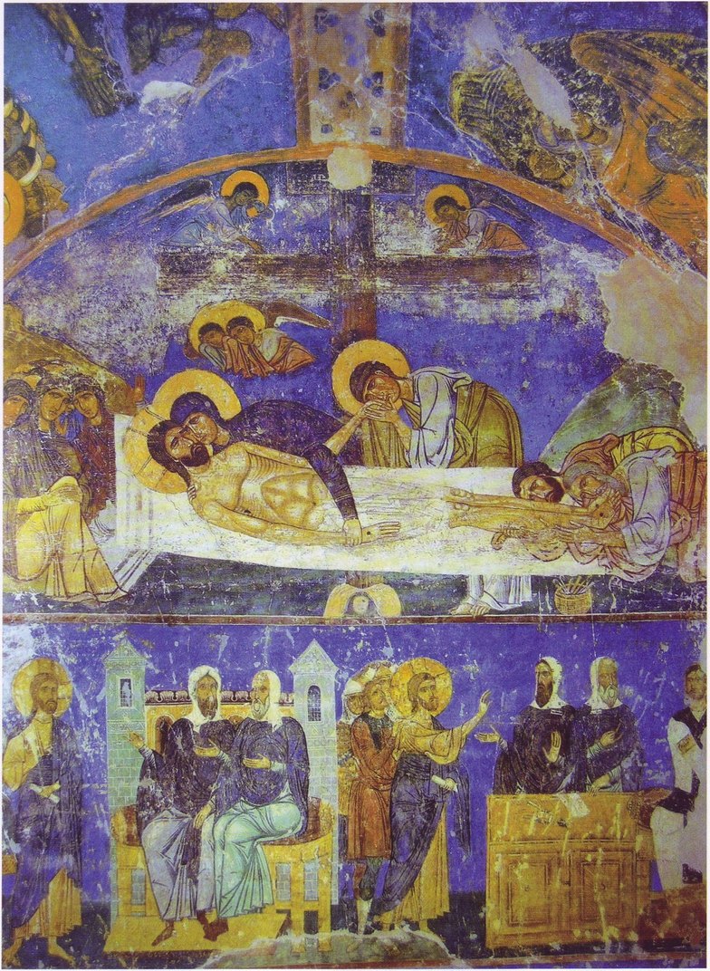 Положение во гроб. Фрагмент фрески северной стены трансепта Спасо-Преображенского собора Мирожского монастыря в Пскове, 1140-е