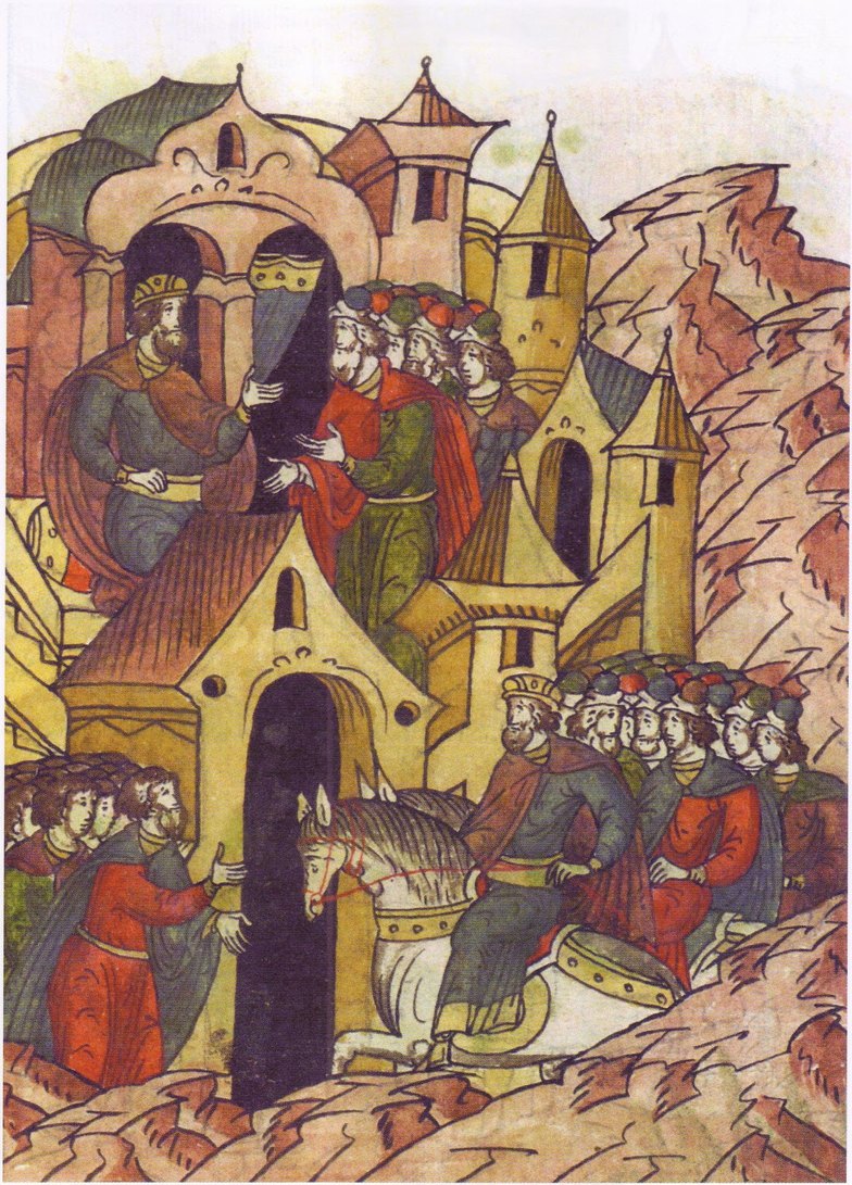 В 1155 Князь Юрий Владимирович Долгорукий сел на отеческий престол в Киеве. Миниатюра Лицевого летописного свода, XVI в