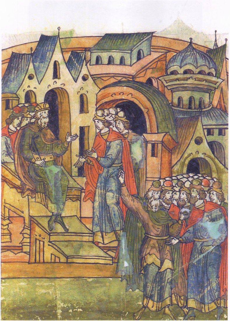 В 1158 полочане составили злой совет на своего князя Ростислава Глебовича и нарушили крестное целование. Миниатюра Лицевого летописного свода, XVI в