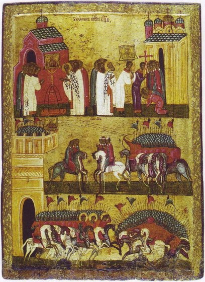 Битва новгородцев с суздальцами (чудо Богородичной иконы «Знамение»). Икона из Новгорода, 1460-е