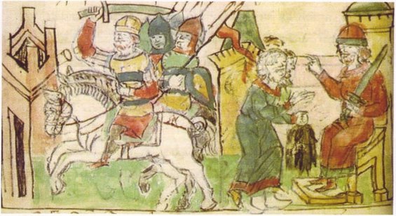 Князь Игорь берет дань от древлян. Миниатюра из Радзивиловской летописи, XIII век