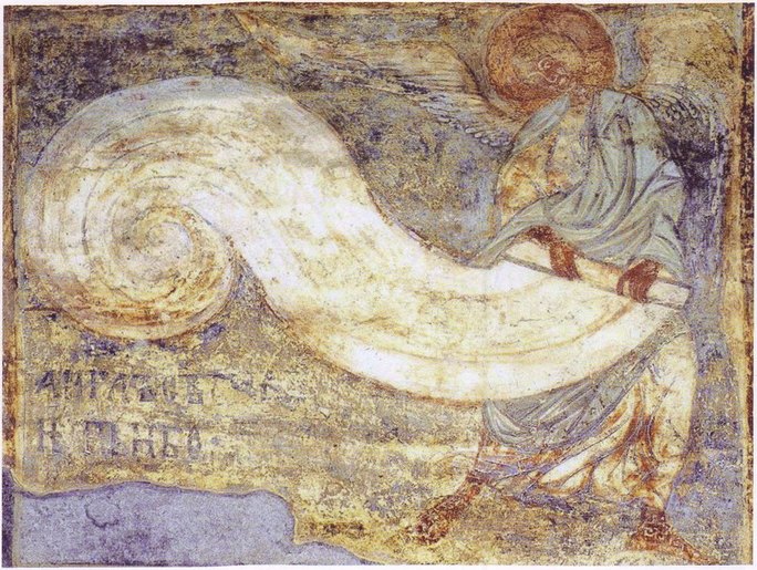 Ангел свивает небо. Фрагмент фрески Страшного Суда западной стены Кирилловской церкви в Киеве, 1140-е