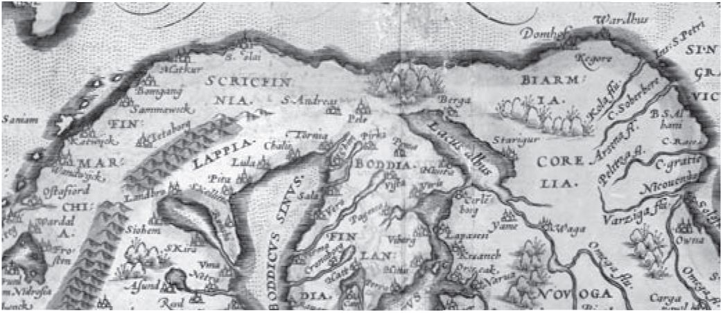 На фрагменте старинной карты хорошо видны горы Kjolen — цепь горных хребтов вдоль побережья Норвегии к северу от Тронхейма, и Биармия на востоке. С любезного разрешения Амвросианской библиотеки г. Милана. Copyright Veneranda Biblioteca Ambrosiana / De Agostini Picture Library, L.P.3221 — tavola EUROPA particolare На фрагменте старинной карты хорошо видны горы Kjolen — цепь горных хребтов вдоль побережья Норвегии к северу от Тронхейма, и Биармия на востоке. С любезного разрешения Амвросианской библиотеки г. Милана. Copyright Veneranda Biblioteca Ambrosiana / De Agostini Picture Library, L.P.3221 — tavola EUROPA particolare