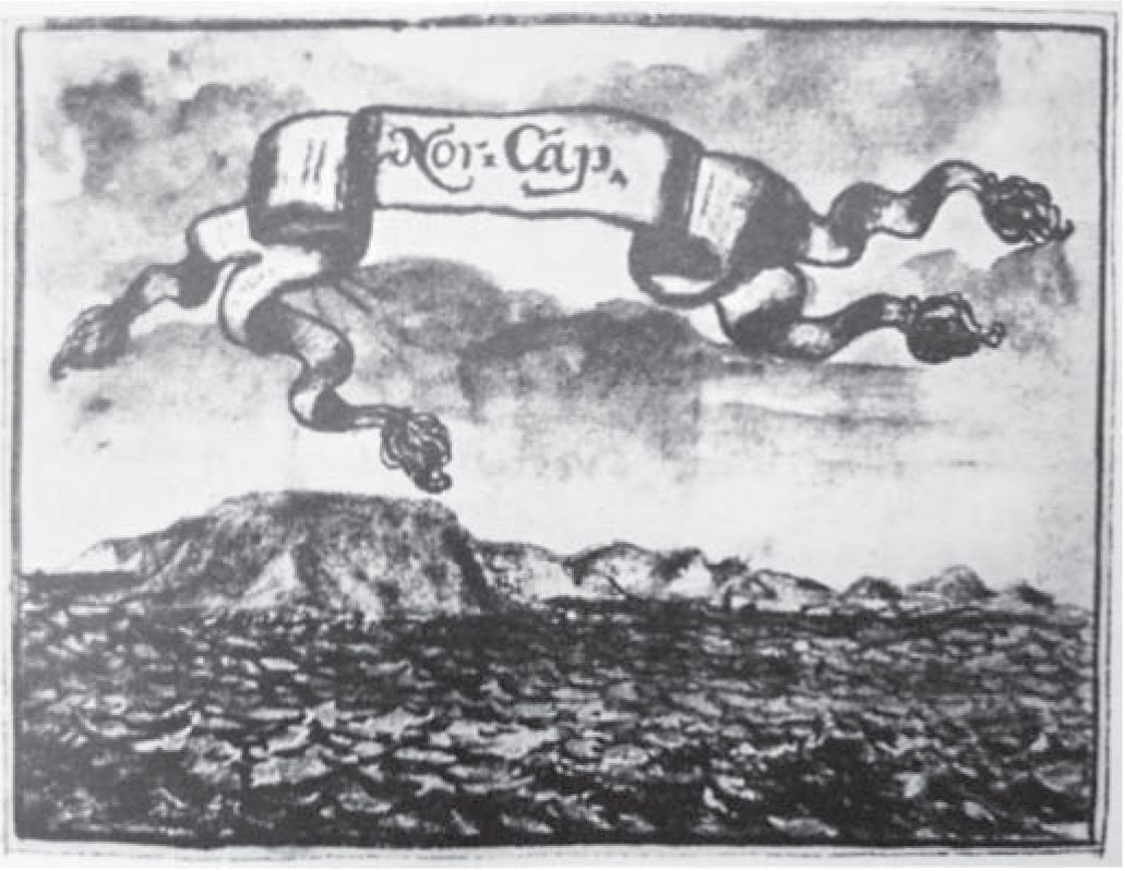 Мыс Нордкап — северная оконечность Европы. Рисунок XVII века. Из книги: Lilienskiolds Speculum boreale // Finnmarkomkring 1700: Nordnorske samlinger utgitt av Etnografiskmuseum. Bd. IV. 2—4 hefte. Forstebind. Oslo 1942—1943. Annenbind. Oslo, 1943 Мыс Нордкап — северная оконечность Европы. Рисунок XVII века. Из книги: Lilienskiolds Speculum boreale // Finnmarkomkring 1700: Nordnorske samlinger utgitt av Etnografiskmuseum. Bd. IV. 2—4 hefte. Forstebind. Oslo 1942—1943. Annenbind. Oslo, 1943