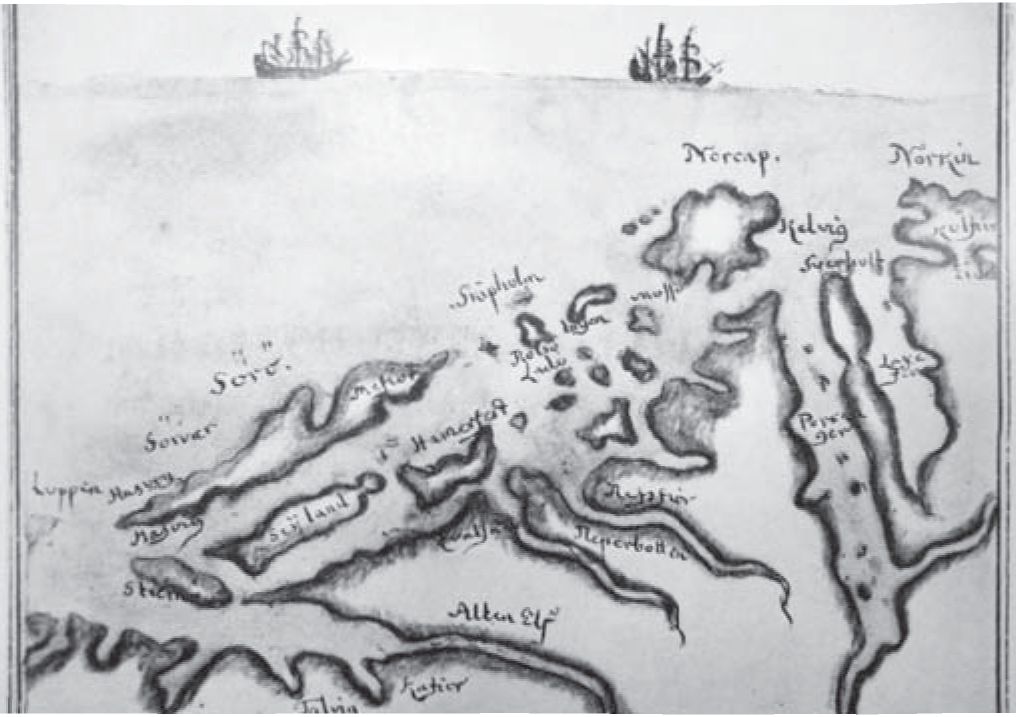 Западная (норвежская) часть Финмаркет. Рисунок XVII века из книги: Lilienskiolds Speculumboreale // Finnmarkomkring 1700: Nordnorske samlinger utgitt av Etnografiskmuseum. Bd. IV. 2—4 hefte. Forstebind. Oslo 1942—1943. Annenbind. Oslo, 1943 Западная (норвежская) часть Финмаркет. Рисунок XVII века из книги: Lilienskiolds Speculumboreale // Finnmarkomkring 1700: Nordnorske samlinger utgitt av Etnografiskmuseum. Bd. IV. 2—4 hefte. Forstebind. Oslo 1942—1943. Annenbind. Oslo, 1943