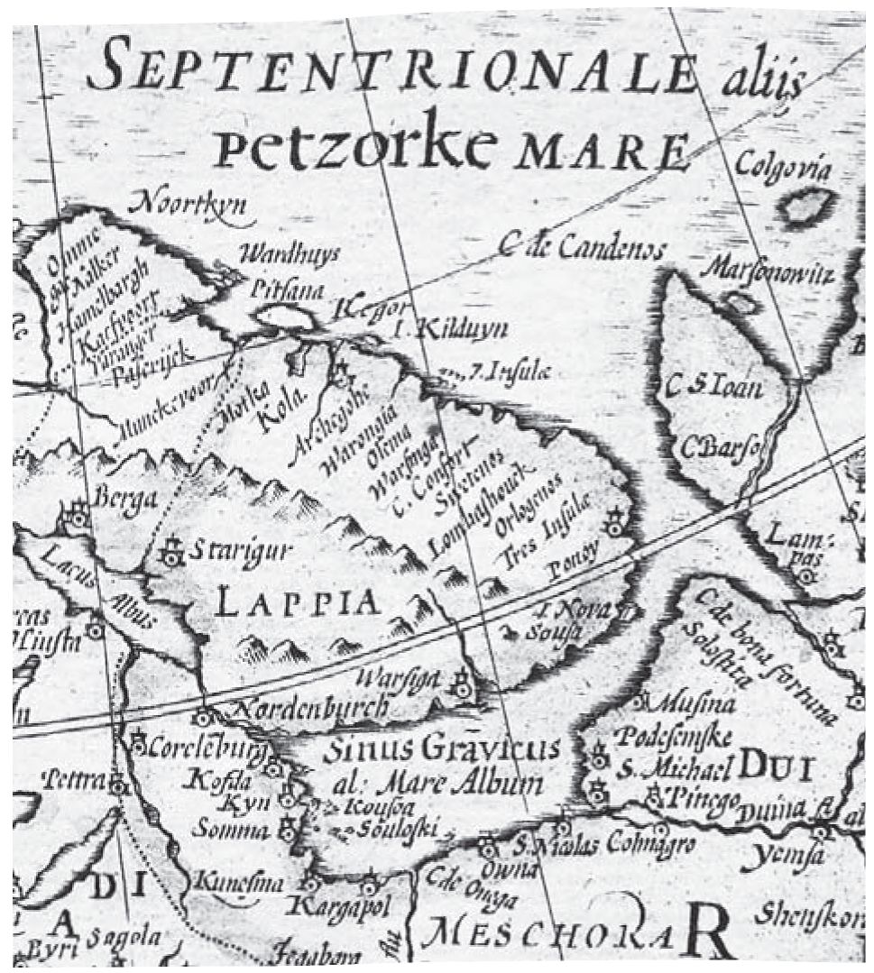 Обозначение города Nordenburch в устье Кандалакшской губы. Карта «Новая Европа», Герхард Меркатор, 1630 г. Обозначение города Nordenburch в устье Кандалакшской губы. Карта «Новая Европа», Герхард Меркатор, 1630 г.