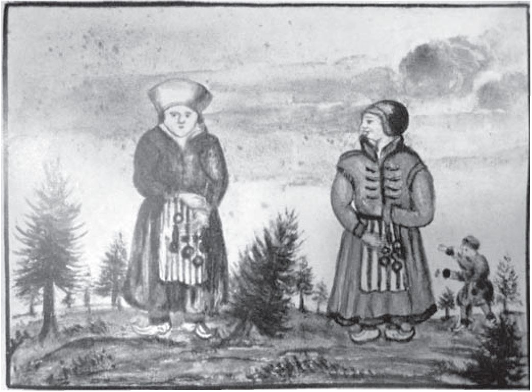 Русские саамы. Женщины-лопарки на рисунке XVII века. Из книги: Lilienskiolds Speculum boreale // Finnmar-komkring 1700: Nordnorske samlinger utgitt av Etno grafisk museum. Bd. IV. 2—4 hefte. Forstebind. Oslo 1942—1943. Annenbind. Oslo, 1943 Русские саамы. Женщины-лопарки на рисунке XVII века. Из книги: Lilienskiolds Speculum boreale // Finnmar-komkring 1700: Nordnorske samlinger utgitt av Etno grafisk museum. Bd. IV. 2—4 hefte. Forstebind. Oslo 1942—1943. Annenbind. Oslo, 1943