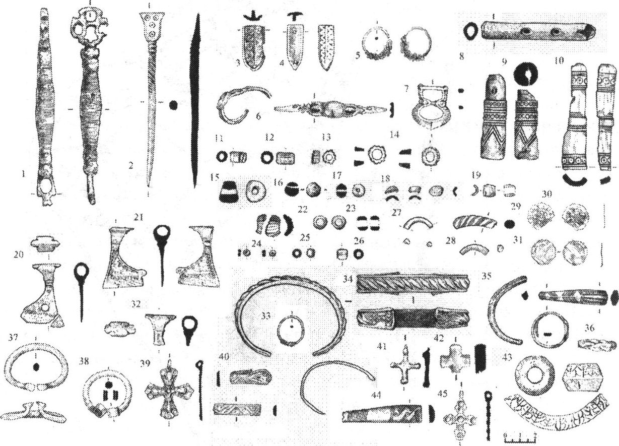 Рис. 2. Находки из усадеб, исследованных на Ольгинских I—III раскопах: 1 — ключ; 2 — писало; 3—4 — наконечники ремней; 5, 33 — серьги; 6, 27—28, 36 — перстни; 7 — пряжка; 8 — свирели фрагмент; 9—10 — рукояти орнаментированные, 11—19, 22, 25—26 — бусы; 20—21, 32 — топорики-подвески; 23 — пронизки 2 фрагмента; 24 — бисер; 29, 34, 35, 40 — браслеты; 30—31 — денарии; 37—38 — фибулы; 39, 41—42, 45 — кресты нательные; 43 — пряслице орнаментированное; 44 — фрагмент расчески. 1 — железо, бронзовая инкрустация; 2, 4, 5, 7, 20—21, 32, 34—39, 41 — бронза; 3 — бронза, серебрение, чернь; 30—31, 33, 40 — серебро; 6, 45 — бронза, эмаль; 8—10, 44 — кость; 11—15, 18—19, 22—24, 27—29 — стекло; 16 — горный хрусталь; 17 — сердолик; 25 — стекло, «серебряная фольга»; 26 — стекло, «золотая фольга»; 42 — камень; 43 — розовый шифер Рис. 2. Находки из усадеб, исследованных на Ольгинских I—III раскопах: 1 — ключ; 2 — писало; 3—4 — наконечники ремней; 5, 33 — серьги; 6, 27—28, 36 — перстни; 7 — пряжка; 8 — свирели фрагмент; 9—10 — рукояти орнаментированные, 11—19, 22, 25—26 — бусы; 20—21, 32 — топорики-подвески; 23 — пронизки 2 фрагмента; 24 — бисер; 29, 34, 35, 40 — браслеты; 30—31 — денарии; 37—38 — фибулы; 39, 41—42, 45 — кресты нательные; 43 — пряслице орнаментированное; 44 — фрагмент расчески. 1 — железо, бронзовая инкрустация; 2, 4, 5, 7, 20—21, 32, 34—39, 41 — бронза; 3 — бронза, серебрение, чернь; 30—31, 33, 40 — серебро; 6, 45 — бронза, эмаль; 8—10, 44 — кость; 11—15, 18—19, 22—24, 27—29 — стекло; 16 — горный хрусталь; 17 — сердолик; 25 — стекло, «серебряная фольга»; 26 — стекло, «золотая фольга»; 42 — камень; 43 — розовый шифер