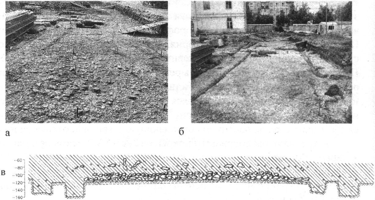 Рис. 3. Дорога (улица?) на Ольгинских I и III раскопах. а — плитняковое покрытие дороги (улицы?), вид с востока; б — общий вид трассы на уровне материковых отложений, вид с востока; в — разрез напластований и покрытия трассы Рис. 3. Дорога (улица?) на Ольгинских I и III раскопах. а — плитняковое покрытие дороги (улицы?), вид с востока; б — общий вид трассы на уровне материковых отложений, вид с востока; в — разрез напластований и покрытия трассы