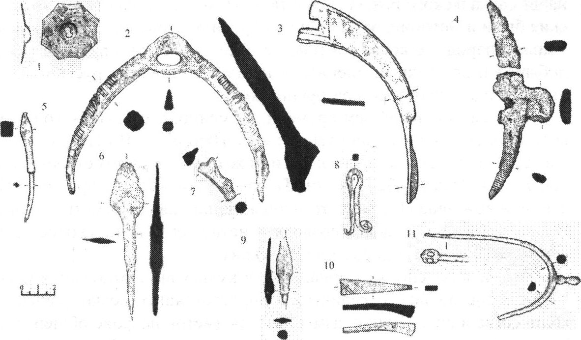 Рис. 4. Предметы вооружения и снаряжения всадника и верхового коня из Ольгинских I—III раскопов. 1 — фалар (бляха конской сбруи); 2—3, 7 — стремена и фрагменты стремян; 4 — псалий; 5—6, 9 — наконечники стрел; 8 — деталь плетки-«звенки»; 10 — перекрестья меча фрагмент; 11 — шпора. 1 — железо, серебряная насечка; 2, 4 — железо, бронзовая инкрустация; 3 — железо, серебряная инкрустация: 5—6, 8—11 — железо. Рис. 4. Предметы вооружения и снаряжения всадника и верхового коня из Ольгинских I—III раскопов. 1 — фалар (бляха конской сбруи); 2—3, 7 — стремена и фрагменты стремян; 4 — псалий; 5—6, 9 — наконечники стрел; 8 — деталь плетки-«звенки»; 10 — перекрестья меча фрагмент; 11 — шпора. 1 — железо, серебряная насечка; 2, 4 — железо, бронзовая инкрустация; 3 — железо, серебряная инкрустация: 5—6, 8—11 — железо.