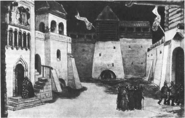 Площадь в осажденном Китеже. Эскиз декорации А. Васнецова к опере Римского-Корсакова «Сказание о невидимом граде Китеже...» Площадь в осажденном Китеже. Эскиз декорации А. Васнецова к опере Римского-Корсакова «Сказание о невидимом граде Китеже...»