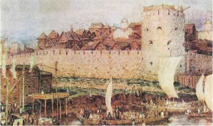 Вероятный вид белокаменного Кремля Дмитрия Донского. Конец XIV века Вероятный вид белокаменного Кремля Дмитрия Донского. Конец XIV века