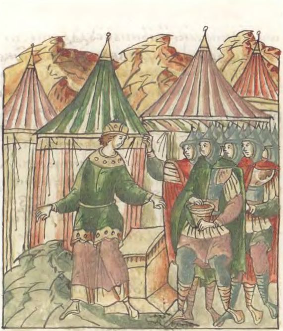 Татары пытаются принудить князя Василька Константиновича принять их веру. Лицевой летописный свод XVI века. Голицынский том. Л. 332 Татары пытаются принудить князя Василька Константиновича принять их веру. Лицевой летописный свод XVI века. Голицынский том. Л. 332