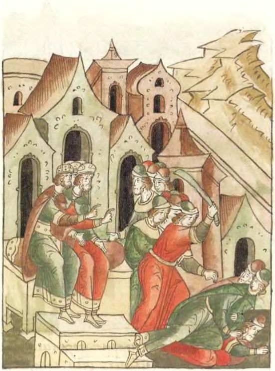 Убийство татарских послов. Лицевой летописный свод XVI века. Лаптевский том. Л. 371об. Убийство татарских послов. Лицевой летописный свод XVI века. Лаптевский том. Л. 371об.