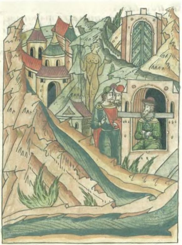 Князь Михаил Тверской претерпевает мучения в Орде. Лицевой летописный свод XVI века. Первый Остермановский том. Л. 232 Князь Михаил Тверской претерпевает мучения в Орде. Лицевой летописный свод XVI века. Первый Остермановский том. Л. 232