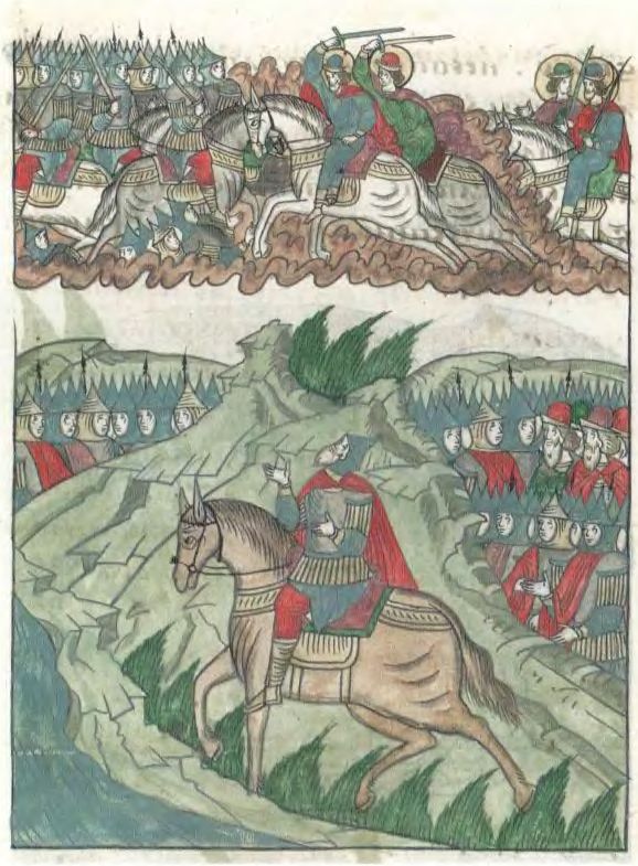 Видение Фомы Кацыбеева накануне Куликовской битвы — небесный полк во главе со святыми Борисом и Глебом разит татар. Второй Остермановский том. Л. 80 Видение Фомы Кацыбеева накануне Куликовской битвы — небесный полк во главе со святыми Борисом и Глебом разит татар. Второй Остермановский том. Л. 80