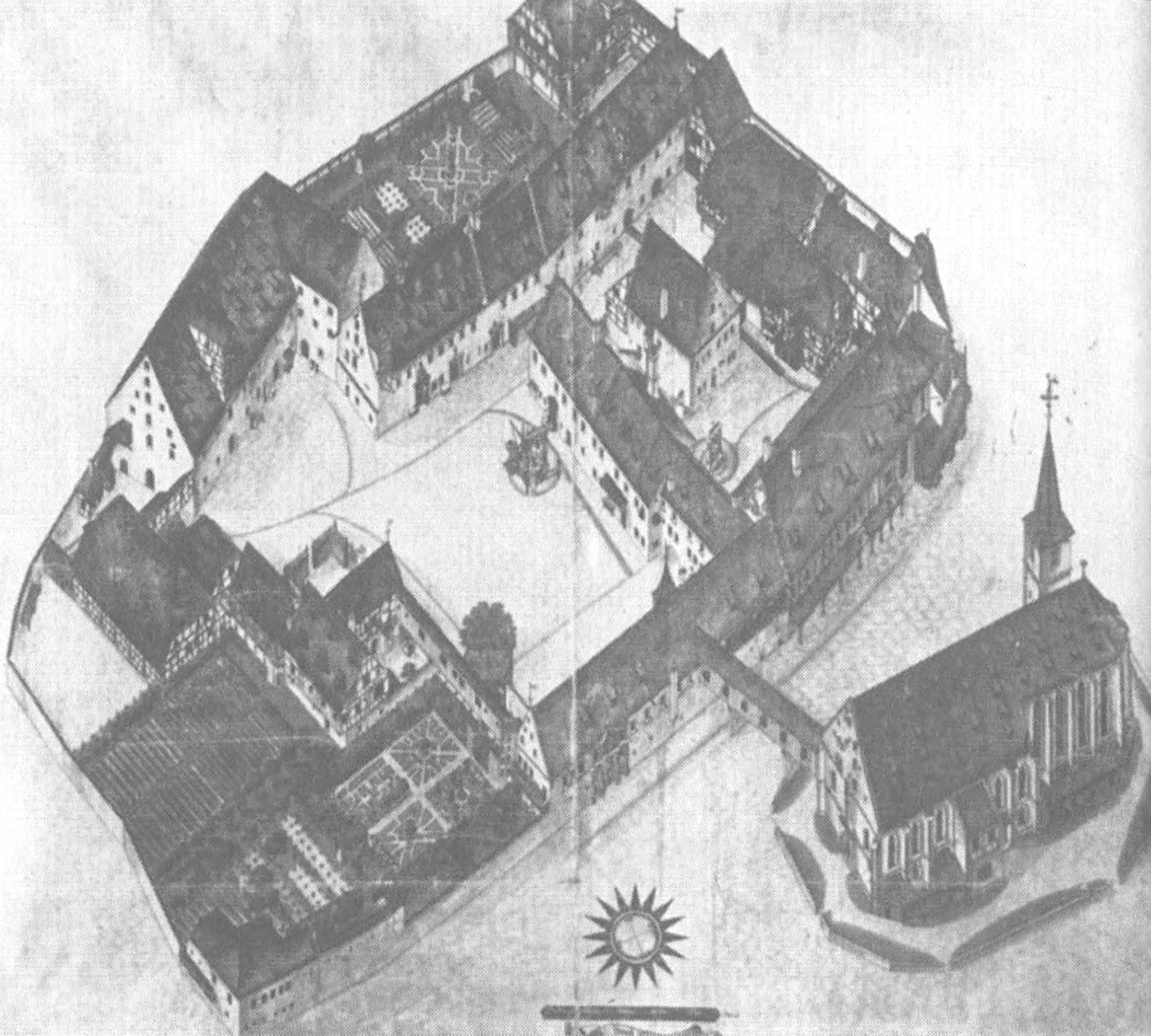 Ил. 9. Нюрнбергское комтурство Немецкого ордена с церковью Святого Иакова. Рисунок Ганса Бина. 1625. Нюрнберг. Германский национальный музей Ил. 9. Нюрнбергское комтурство Немецкого ордена с церковью Святого Иакова. Рисунок Ганса Бина. 1625. Нюрнберг. Германский национальный музей