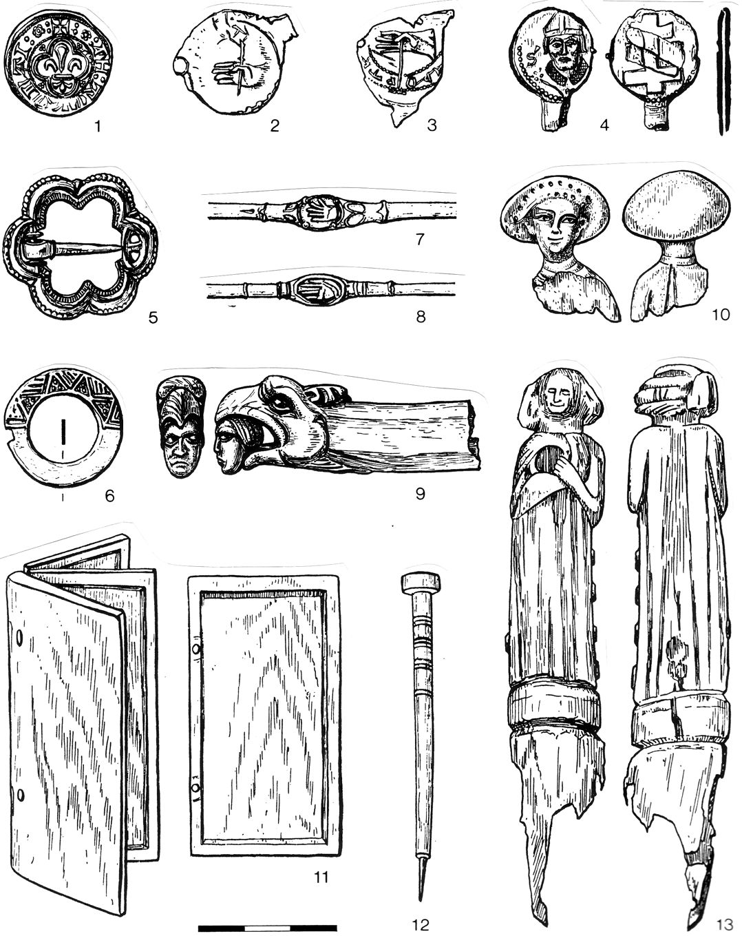 Рис. 67. Западноевропейские находки: 1—12 — из раскопок Новгорода, (1—4 — свинцовые пломбы, 5, 6 — фибулы, 7, 8 — перстни, 9, 10 — фрагменты костяных рукоятей ножей, 11 — цера, 12 — писало); 13 — обломок ножа с костяной ручкой из раскопок Риги Рис. 67. Западноевропейские находки: 1—12 — из раскопок Новгорода, (1—4 — свинцовые пломбы, 5, 6 — фибулы, 7, 8 — перстни, 9, 10 — фрагменты костяных рукоятей ножей, 11 — цера, 12 — писало); 13 — обломок ножа с костяной ручкой из раскопок Риги