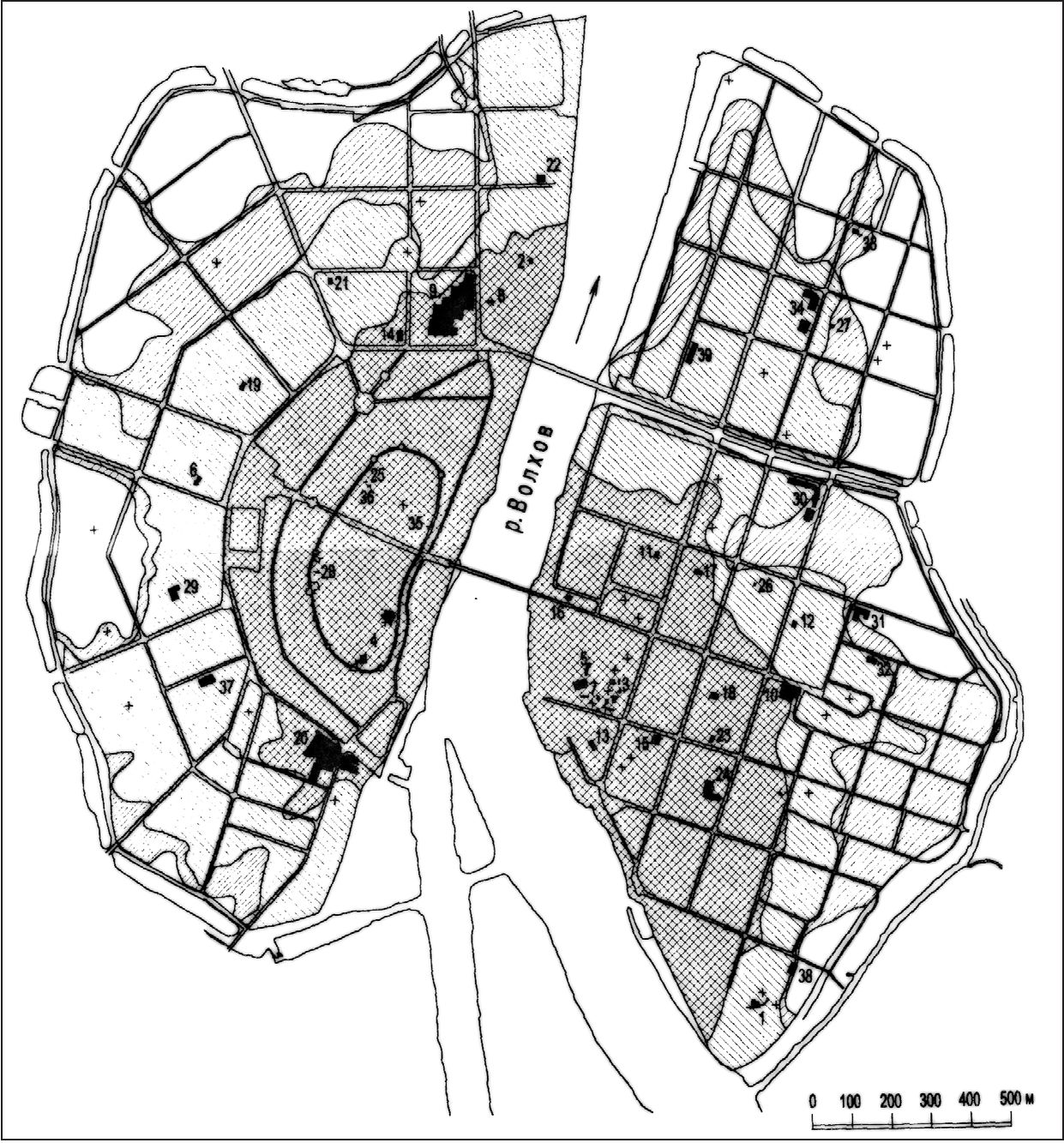 Рис. 4. Карта мощности культурного слоя Новгорода Рис. 4. Карта мощности культурного слоя Новгорода