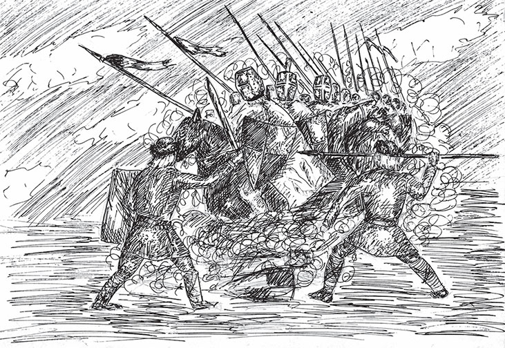 Схватка. «Бей! Убивай!» — разом орут крестоносцы, врубаясь, словно клин, в ряды куршских воинов. Противостоять такому удару почти невозможно Схватка. «Бей! Убивай!» — разом орут крестоносцы, врубаясь, словно клин, в ряды куршских воинов. Противостоять такому удару почти невозможно