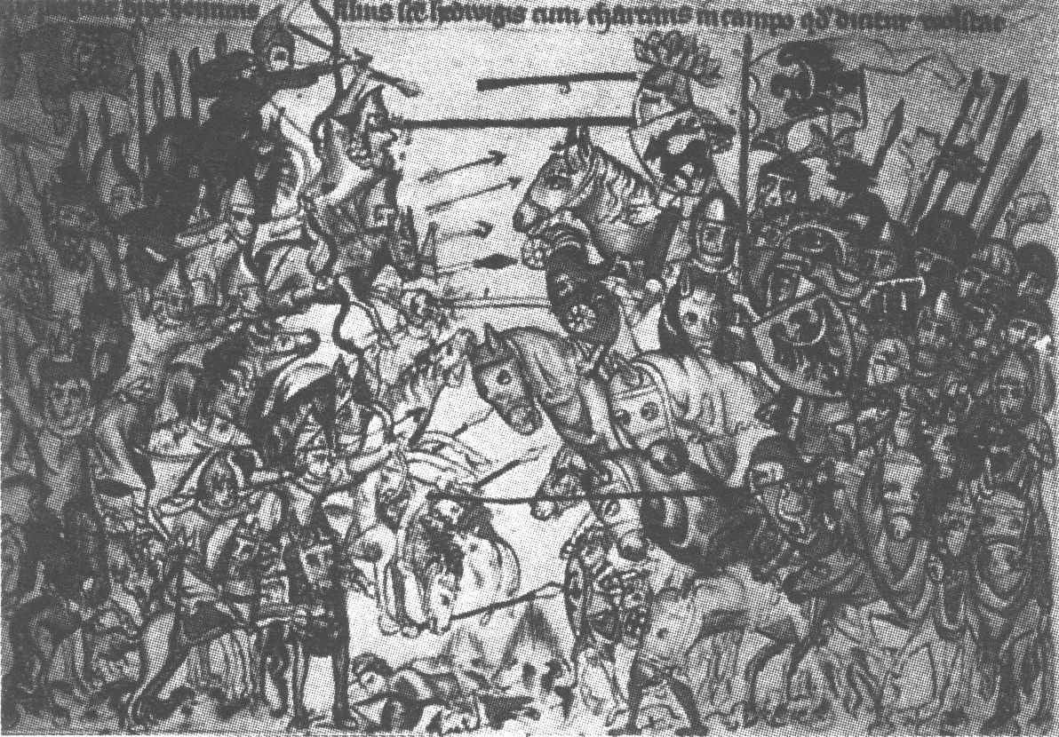 Битва при Лигница. Европейцы от монголов отличаются только наличием в их рядах закованных в доспехи рыцарей и отсутствием оружия дальнего боя. Так художник представлял это сражение