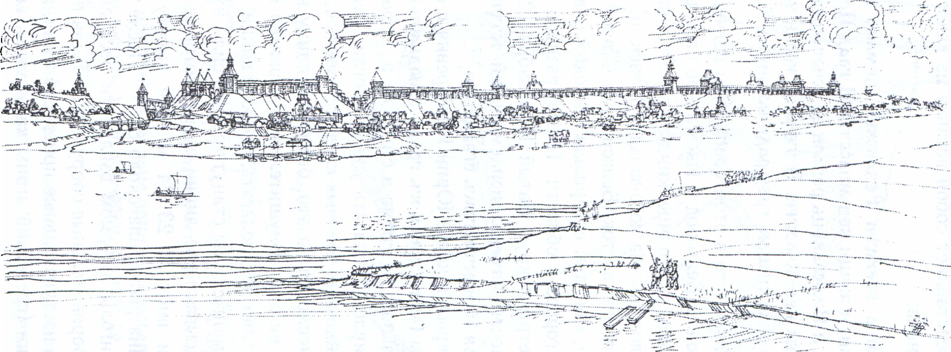 Панорама Рязани со стороны Оки в первой трети XIII в. Реконструкция (Даркевич, Борисевич, 1995. С. 8—9) Панорама Рязани со стороны Оки в первой трети XIII в. Реконструкция (Даркевич, Борисевич, 1995. С. 8—9)