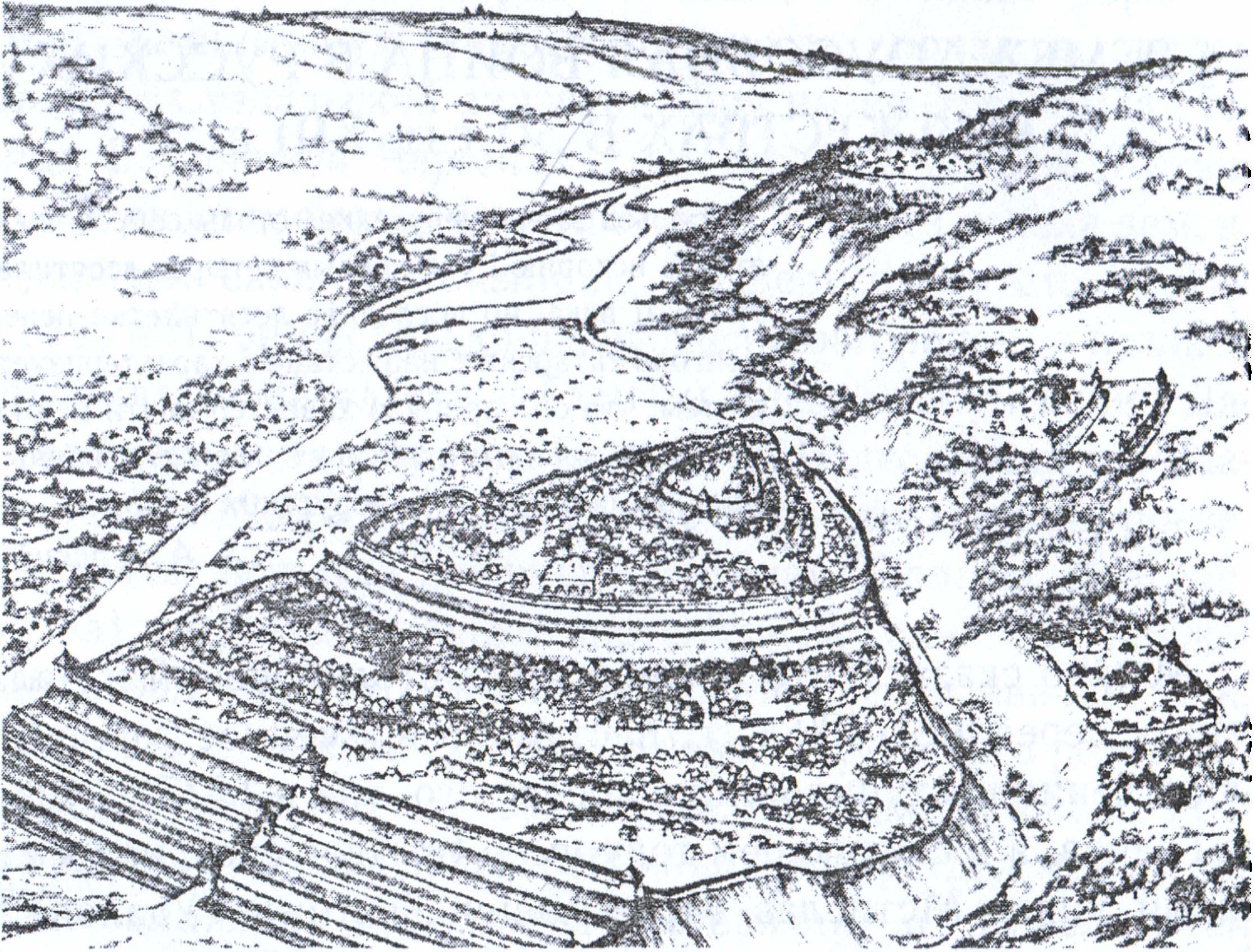 Галич. XIII в. Гипотетическая реконструкция Т.А. Трегубовой (Древнерусское градостроительство. М., 1993. С. 129) Галич. XIII в. Гипотетическая реконструкция Т.А. Трегубовой (Древнерусское градостроительство. М., 1993. С. 129)
