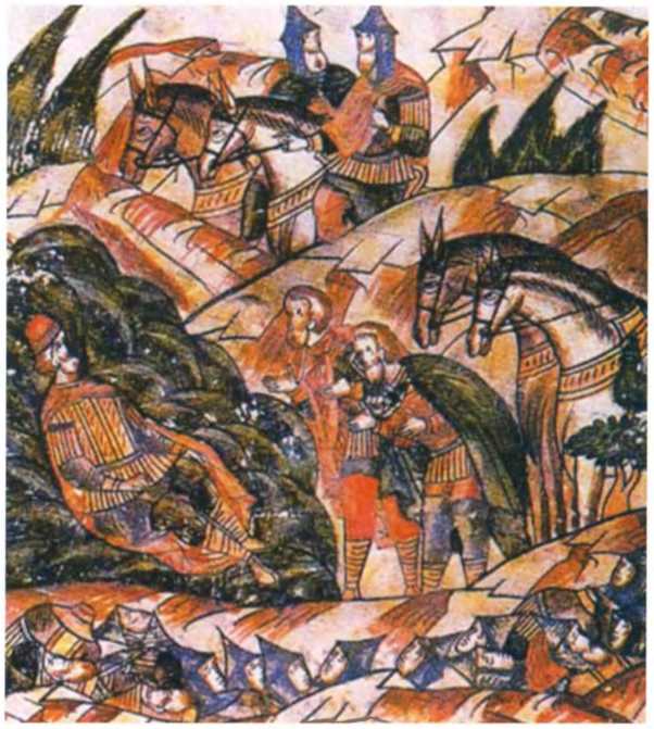 Нахождение раненого князя Дмитрия Донского. Миниатюра из Летописного свода XVI века