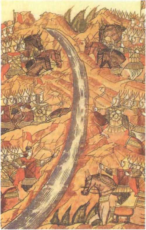 Стояние на реке Угре. Миниатюра из Летописного свода XVI века