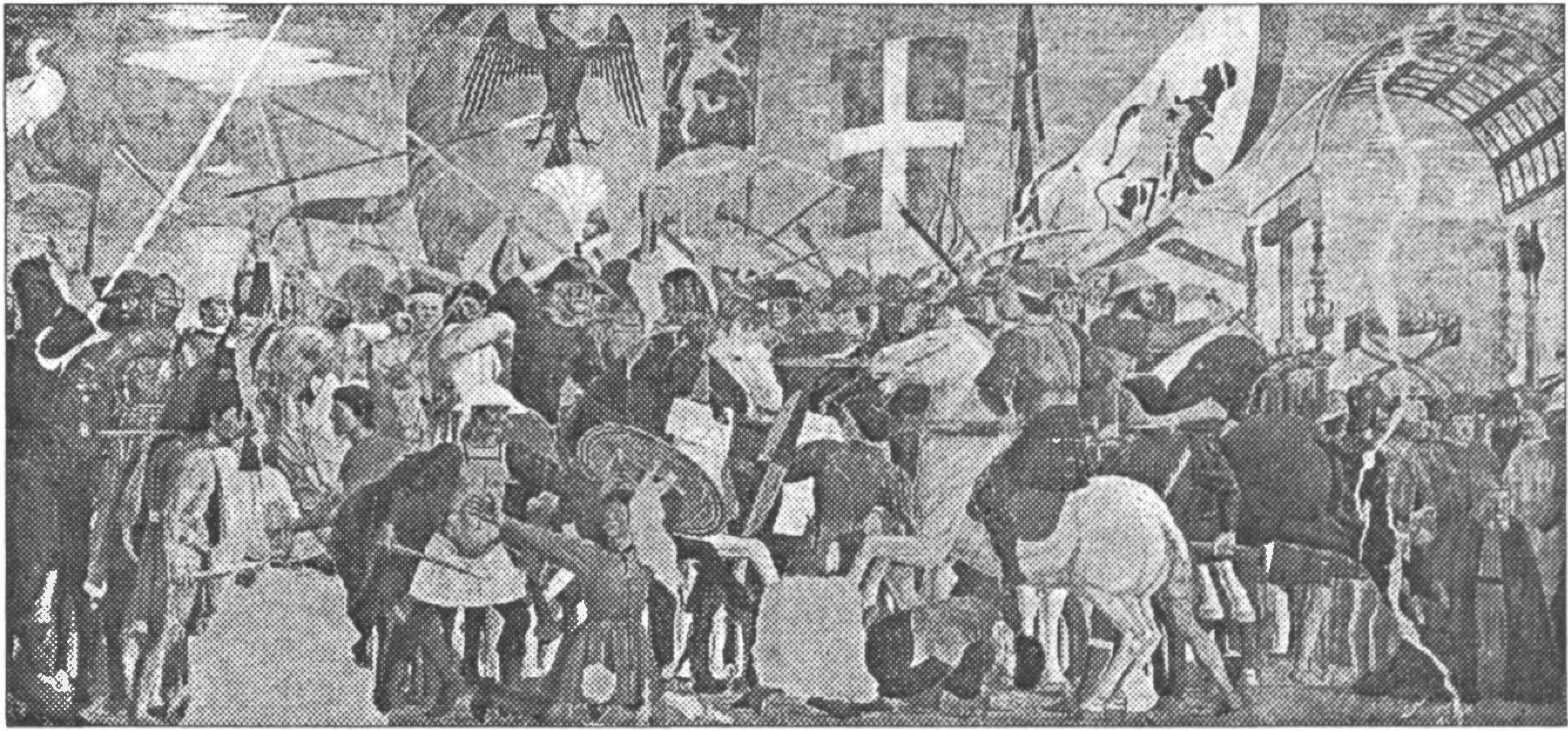 Ил. 134. Пьеро делла Франческа. Битва императора Ираклия с персами. Фреска. 1452 г. Главная капелла базилику Св. Франциска (Ареццо, Италия) Ил. 134. Пьеро делла Франческа. Битва императора Ираклия с персами. Фреска. 1452 г. Главная капелла базилику Св. Франциска (Ареццо, Италия)