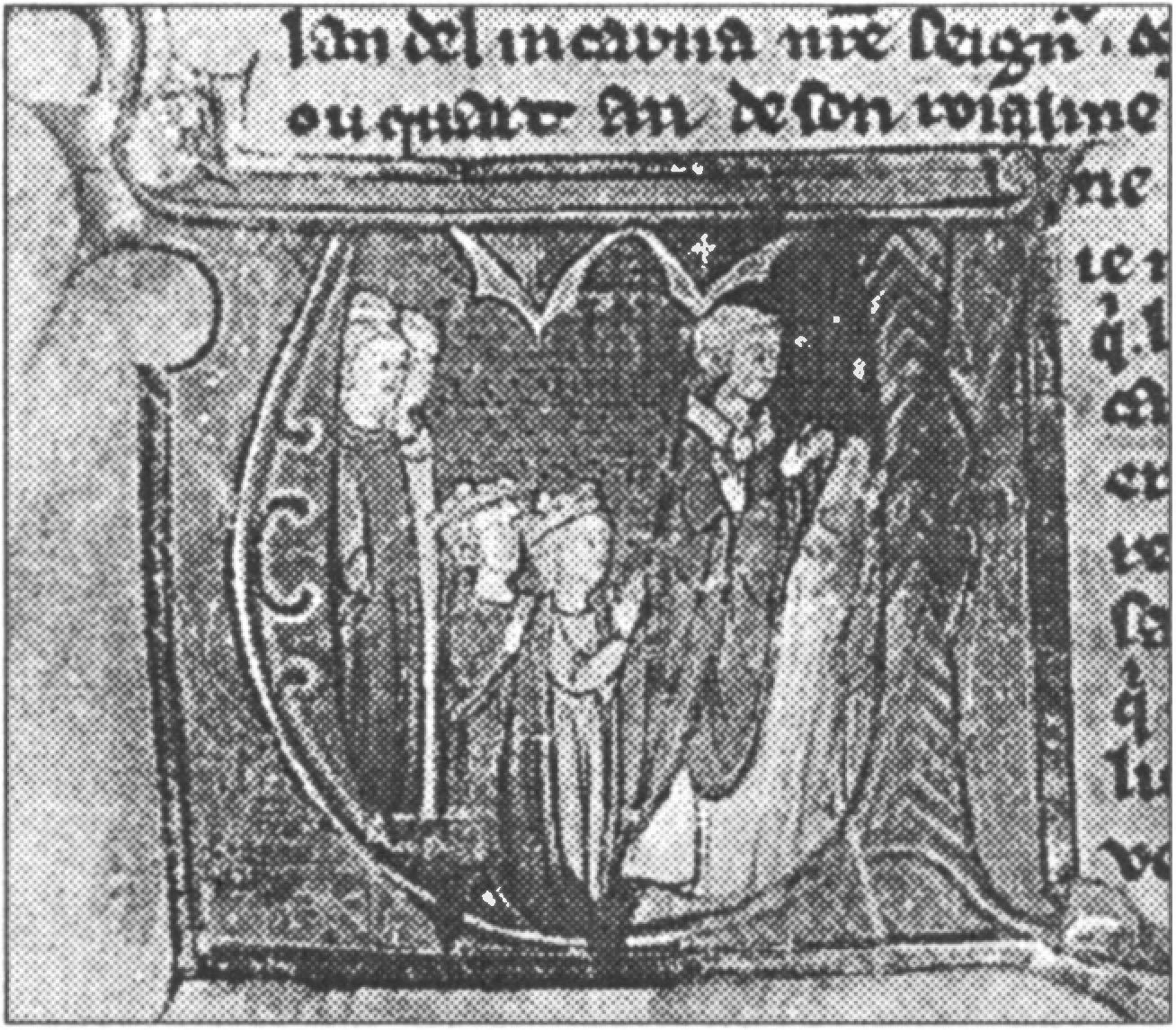 Ил. 139. Бракосочетание Марии и Амальрика в Тире в 1167 г. Миниатюра из Парижского списка «Истории деяний в заморских землях» (1295—1300 гг.). Муниципальная библиотека г. Эпиналь (департамент Вогезы, Франция) Ил. 139. Бракосочетание Марии и Амальрика в Тире в 1167 г. Миниатюра из Парижского списка «Истории деяний в заморских землях» (1295—1300 гг.). Муниципальная библиотека г. Эпиналь (департамент Вогезы, Франция)