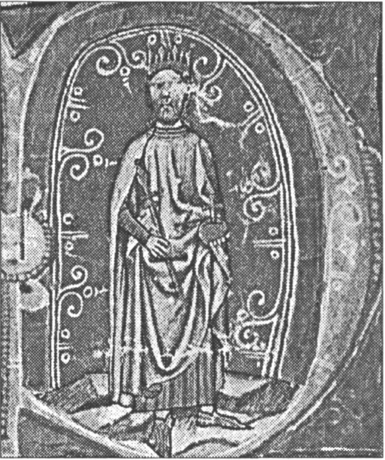 Ил. 158. Венгерский король Бела IV. Миниатюра из Иллюстрированной хроники середины XIV в. (Chronicon Pictum, или Chronica de Gestis Hungarorum), иногда называемой также Венской иллюстрированной хроникой или Хроникой Марка Кальти, по имени одного из составителей. Национальная библиотека им. Иштвана Сечени (Будапешт, Венгрия) Ил. 158. Венгерский король Бела IV. Миниатюра из Иллюстрированной хроники середины XIV в. (Chronicon Pictum, или Chronica de Gestis Hungarorum), иногда называемой также Венской иллюстрированной хроникой или Хроникой Марка Кальти, по имени одного из составителей. Национальная библиотека им. Иштвана Сечени (Будапешт, Венгрия)