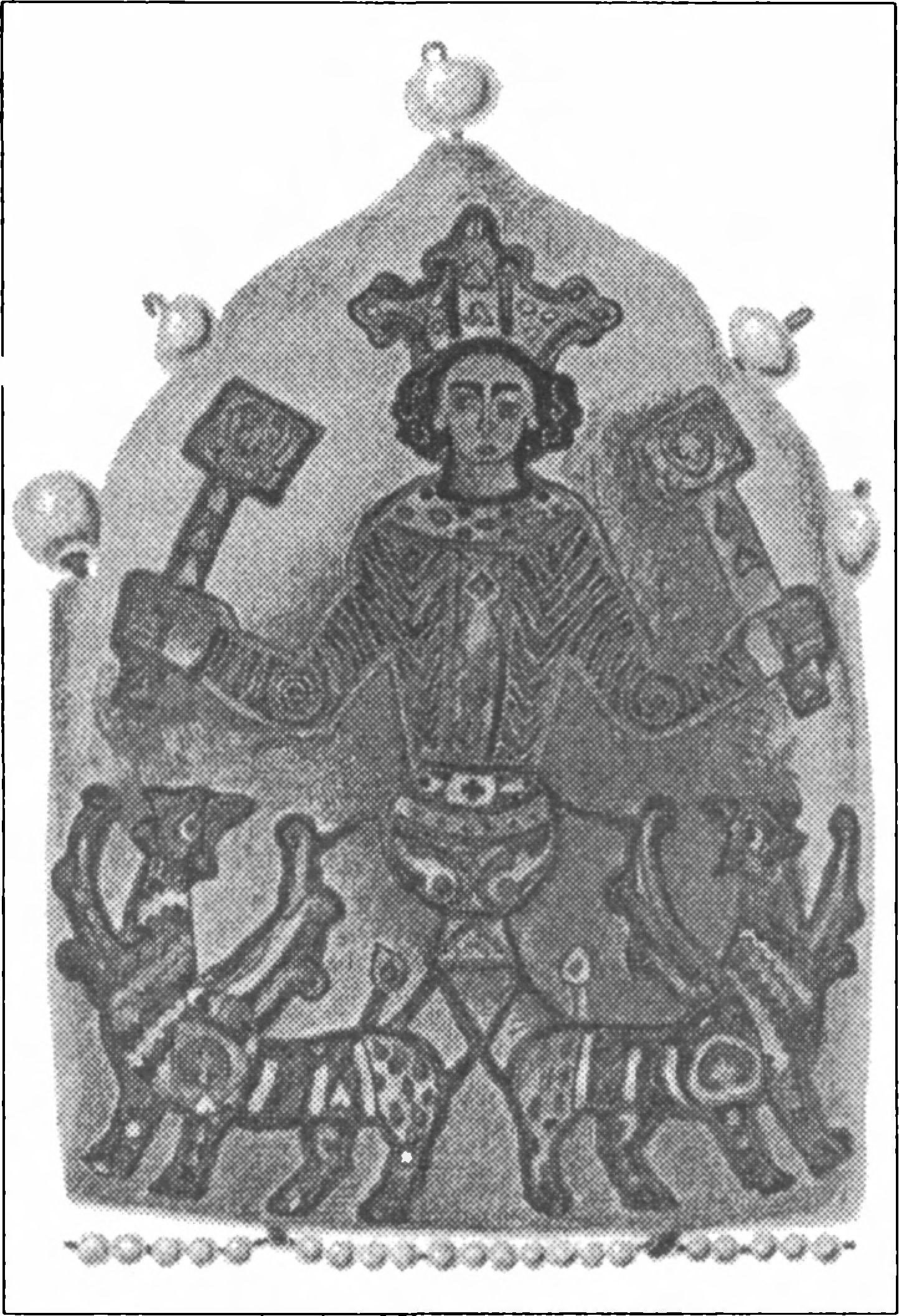 Ил. 161. Вознесение Александра Македонского. Композиция центрального киотца диадемы из Сахновского клада. Золото, перегородчатая эмаль. Первая половина — середина XII в. Музей исторических драгоценностей (Киев, Украина) Ил. 161. Вознесение Александра Македонского. Композиция центрального киотца диадемы из Сахновского клада. Золото, перегородчатая эмаль. Первая половина — середина XII в. Музей исторических драгоценностей (Киев, Украина)