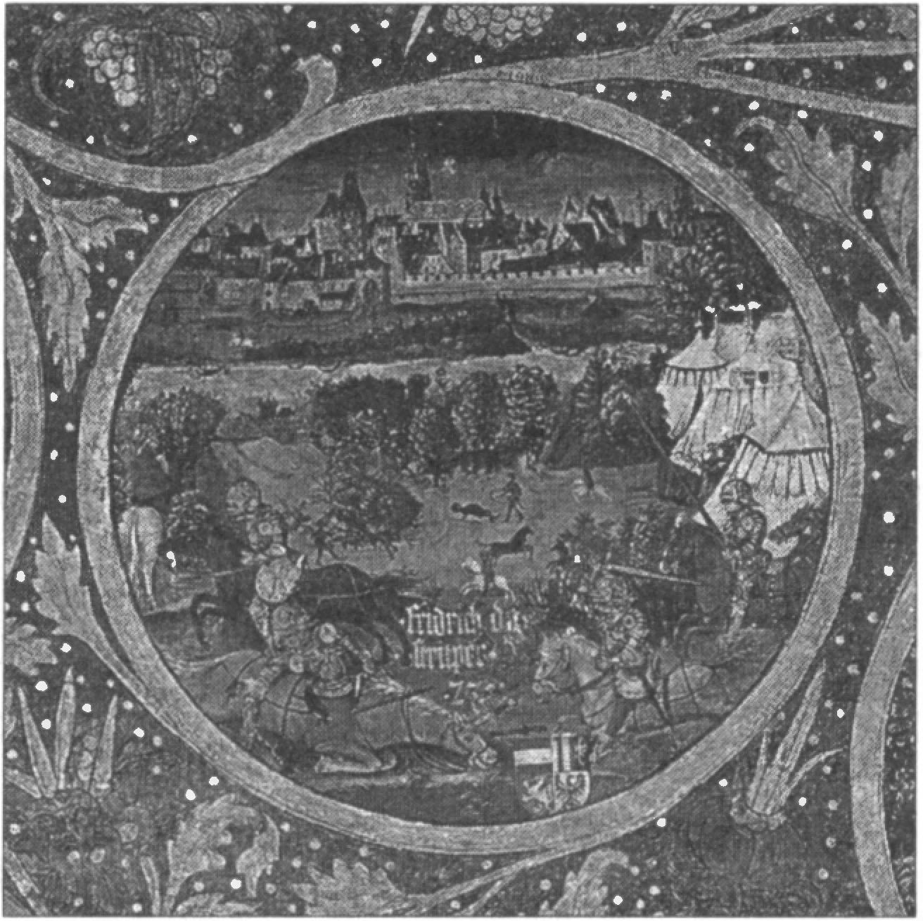 Ил. 189. Австрийский герцог Фридрих II Бабенберг. Генеалогическое древо Бабенбергов. Фрагмент. Ок. 1490 г. Аббатство ордена августинцев (Клостернойбург, Австрия) Ил. 189. Австрийский герцог Фридрих II Бабенберг. Генеалогическое древо Бабенбергов. Фрагмент. Ок. 1490 г. Аббатство ордена августинцев (Клостернойбург, Австрия)