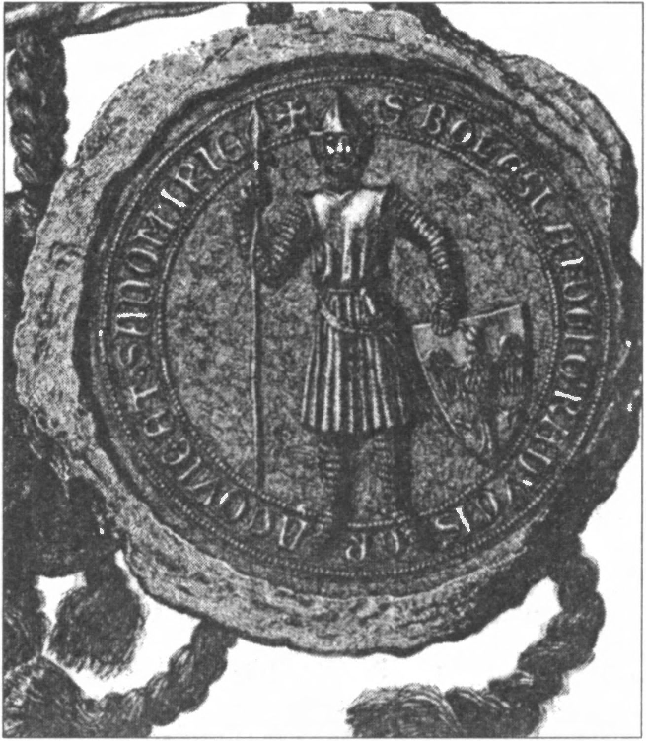 Ил. 193. Печать краковского князя Болеслава V Стыдливого. Рисунок середины XIX в. Оригинал утрачен Ил. 193. Печать краковского князя Болеслава V Стыдливого. Рисунок середины XIX в. Оригинал утрачен