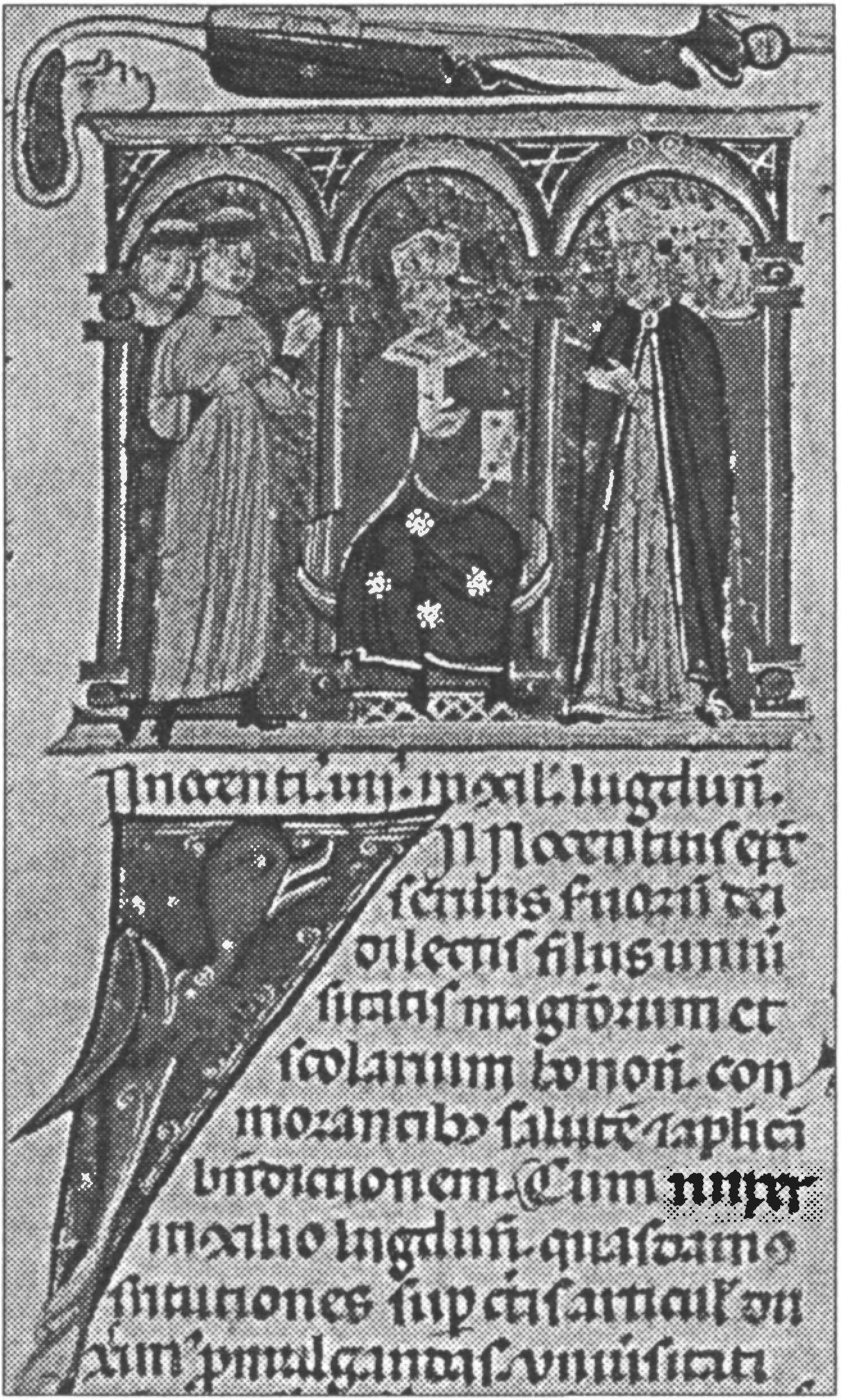 Ил. 195. Папа Иннокентий IV с епископами на церковном соборе в Лионе Миниатюра Сиракузского манускрипта. Ок. 1278 г. Университетская библиотека (Сиракузы, США) Ил. 195. Папа Иннокентий IV с епископами на церковном соборе в Лионе Миниатюра Сиракузского манускрипта. Ок. 1278 г. Университетская библиотека (Сиракузы, США)
