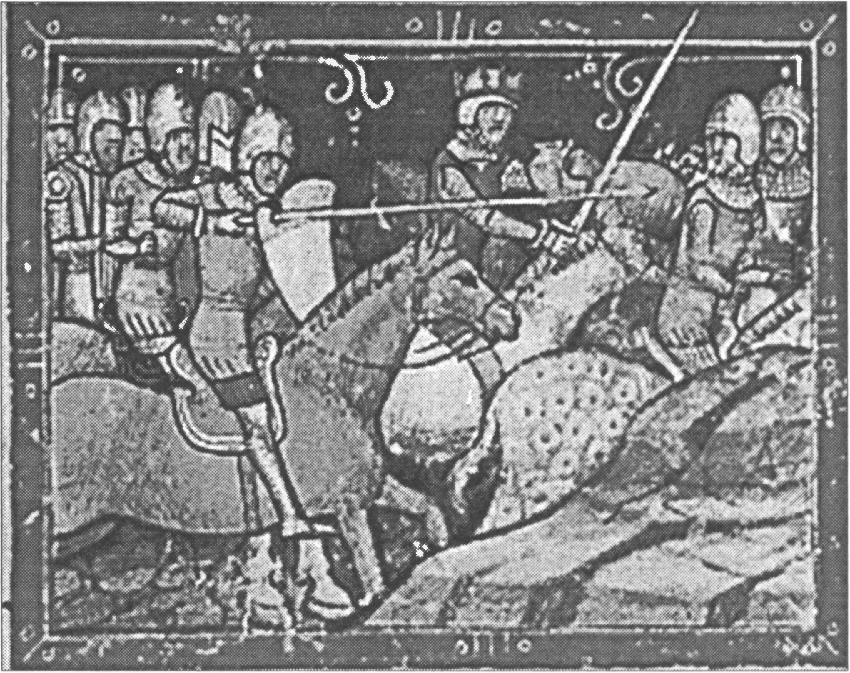 Ил. 201. Бела IV и Пржемысл II Оттокар. Миниатюра из иллюстрированной хроники середины XIV в. (Chronicon Pictum, или Chronica de Gestis Hungarorum), иногда называемой также Венской иллюстрированной хроникой или Хроникой Марка Кальти, по имени одного из составителей. Национальная библиотека им. Иштвана Сечени (Будапешт, Венгрия) Ил. 201. Бела IV и Пржемысл II Оттокар. Миниатюра из иллюстрированной хроники середины XIV в. (Chronicon Pictum, или Chronica de Gestis Hungarorum), иногда называемой также Венской иллюстрированной хроникой или Хроникой Марка Кальти, по имени одного из составителей. Национальная библиотека им. Иштвана Сечени (Будапешт, Венгрия)