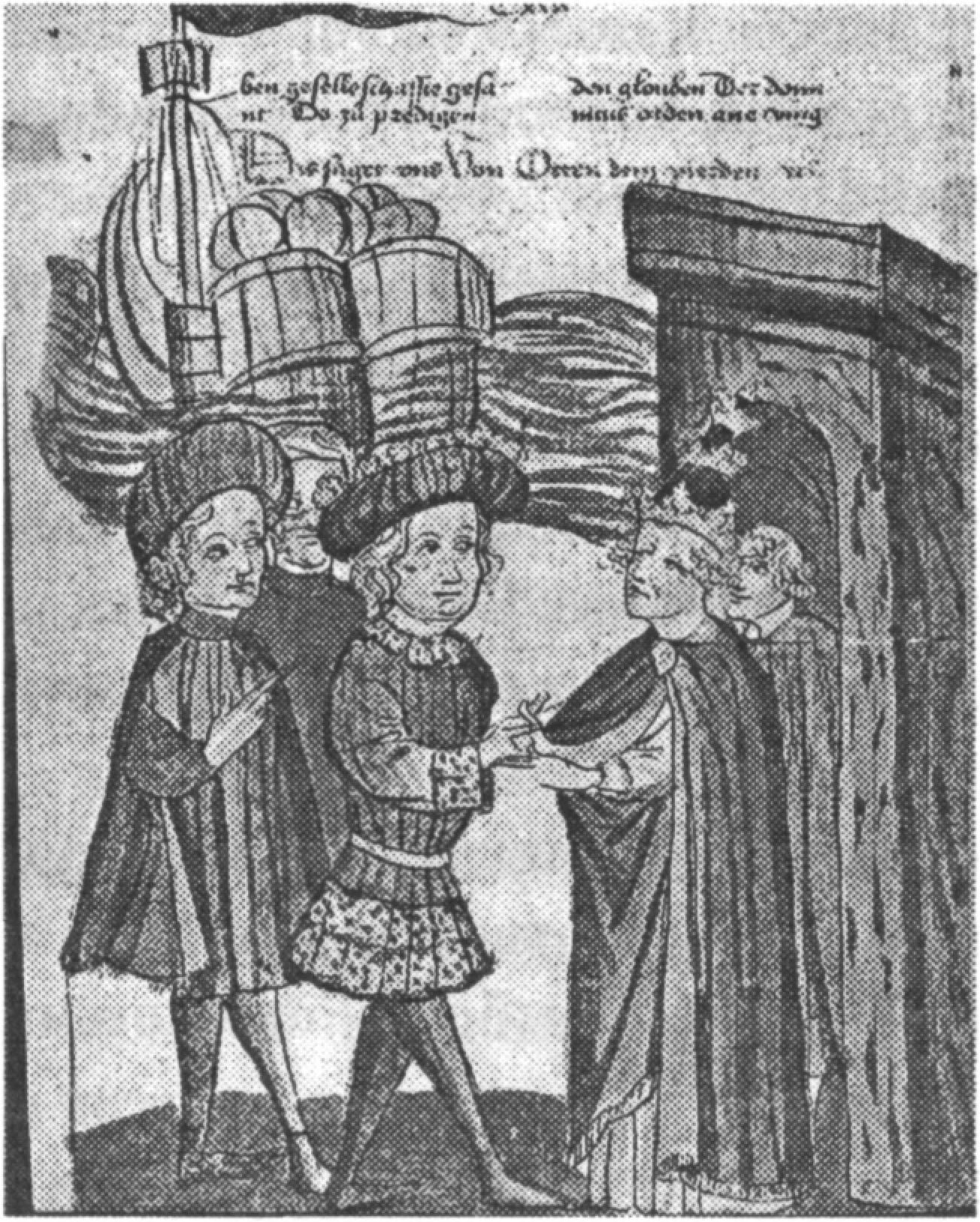 Ил. 21. Оттон IV и папа Иннокентий III подают друг другу руки. Миниатюра из Эльзасской иллюстрированной рукописи. Мастерская Дибольда Лаубера. XV в. Государственная библиотека в Берлине — Прусское культурное наследие (Берлин, Германия) Ил. 21. Оттон IV и папа Иннокентий III подают друг другу руки. Миниатюра из Эльзасской иллюстрированной рукописи. Мастерская Дибольда Лаубера. XV в. Государственная библиотека в Берлине — Прусское культурное наследие (Берлин, Германия)