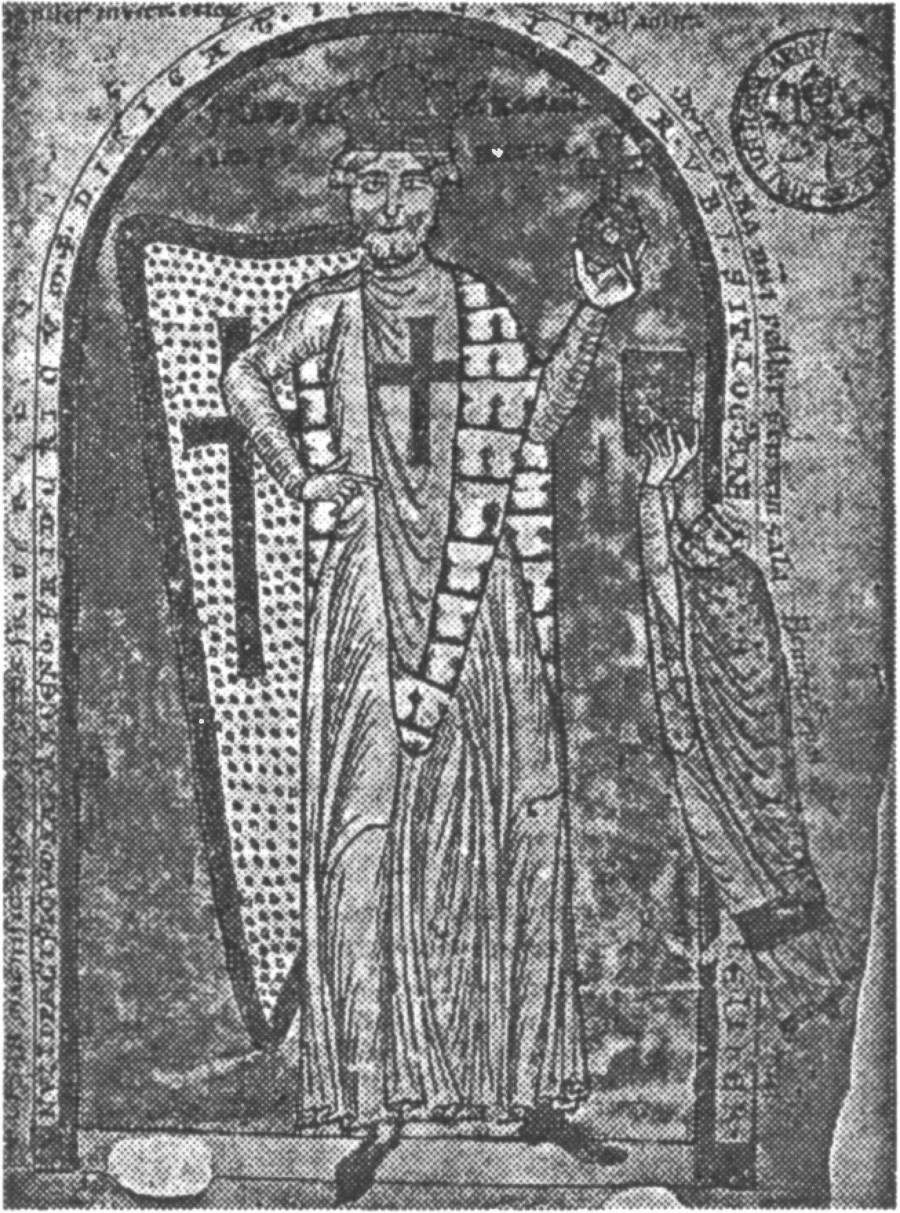 Ил. 24. Фридрих Барбаросса в одежде крестоносца получает из рук настоятеля кафедрального собора в Шлэфтларне копию Истории Первого Крестового похода, написанной Робертом Реймсским. Миниатюра из рукописи Библиотеки Ватикана. 1188 г. Ил. 24. Фридрих Барбаросса в одежде крестоносца получает из рук настоятеля кафедрального собора в Шлэфтларне копию Истории Первого Крестового похода, написанной Робертом Реймсским. Миниатюра из рукописи Библиотеки Ватикана. 1188 г.