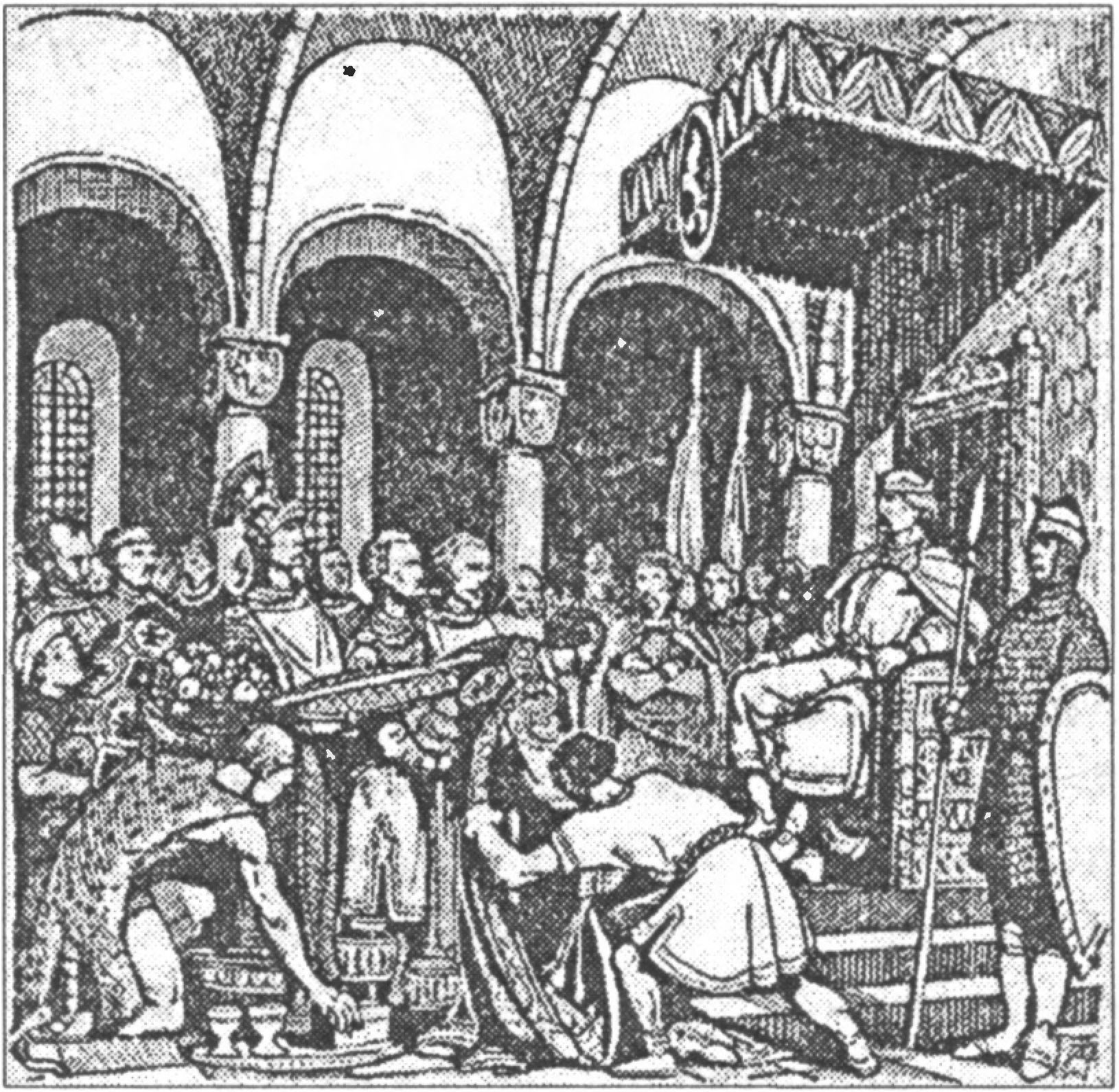 Ил. 46. П. Андрусев. Послы византийского императора Алексея Ангела просят Романа Мстиславича о помощи против половцев. Иллюстрация к книге А. Потоцкого «Княжа слава. Історичні оповідання» (Краків; Львів, 1942) Ил. 46. П. Андрусев. Послы византийского императора Алексея Ангела просят Романа Мстиславича о помощи против половцев. Иллюстрация к книге А. Потоцкого «Княжа слава. Історичні оповідання» (Краків; Львів, 1942)