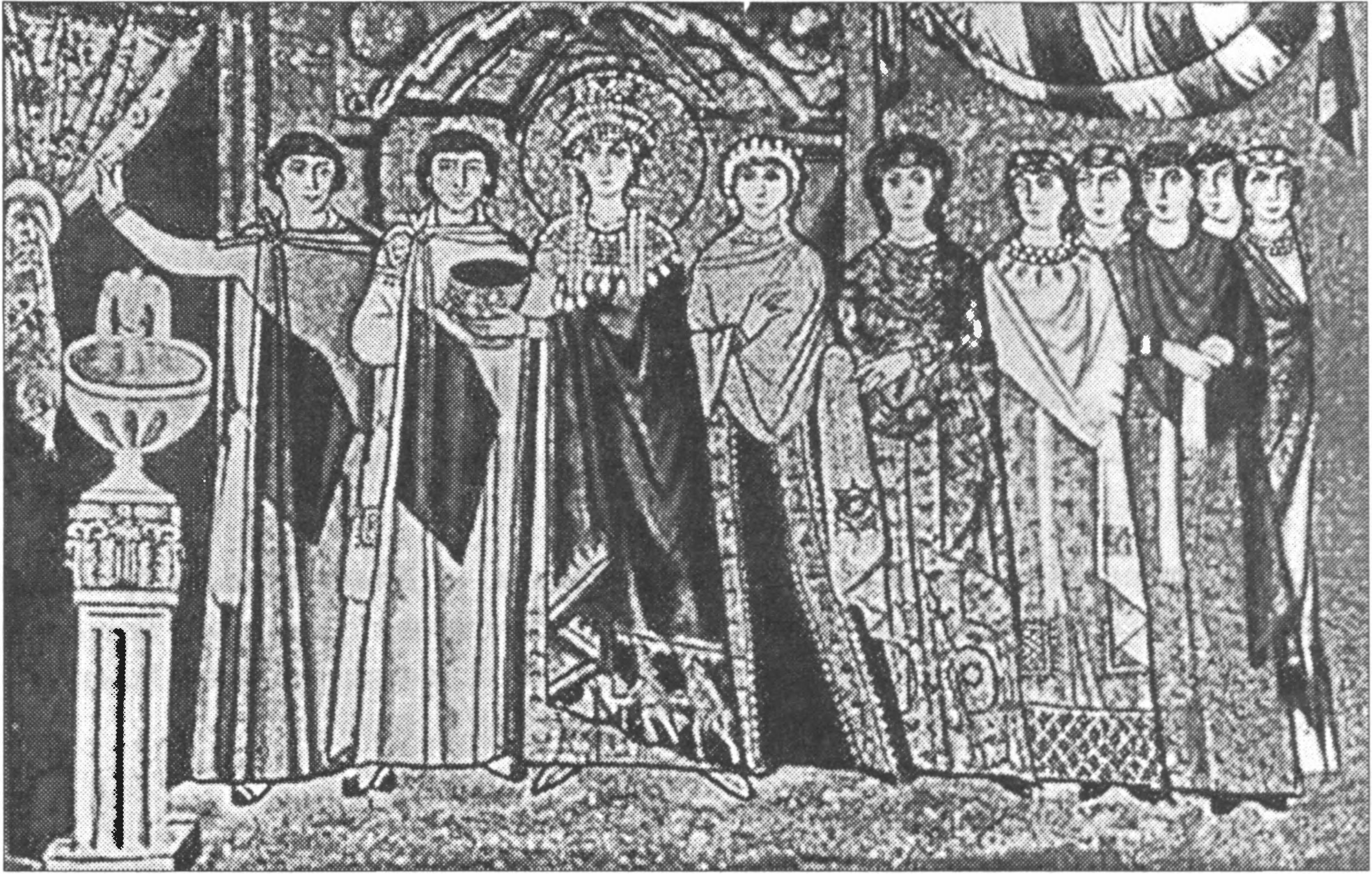 Ил. 61. Внешний облик византийских императриц и царевен. Фрагмент мозаики «Императрица Феодора с приближенными». Середина VI в. Базилика Сан-Витали (Равенна, Италия) Ил. 61. Внешний облик византийских императриц и царевен. Фрагмент мозаики «Императрица Феодора с приближенными». Середина VI в. Базилика Сан-Витали (Равенна, Италия)