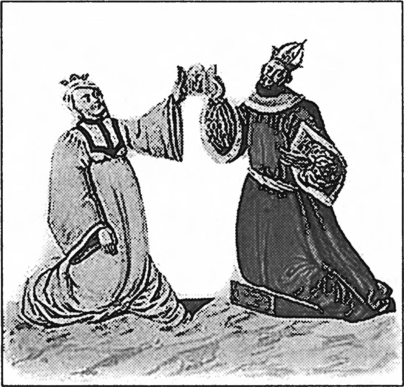 Ил. 64. Иоганн Зебальд Баумайстер (1775/77—1829). Младшая дочь императора Исаака II Ирина и ее супруг, германский король Филипп Швабский. Рисунок конца XVIII в. (из серии портретов средневековых германских правителей) Ил. 64. Иоганн Зебальд Баумайстер (1775/77—1829). Младшая дочь императора Исаака II Ирина и ее супруг, германский король Филипп Швабский. Рисунок конца XVIII в. (из серии портретов средневековых германских правителей)