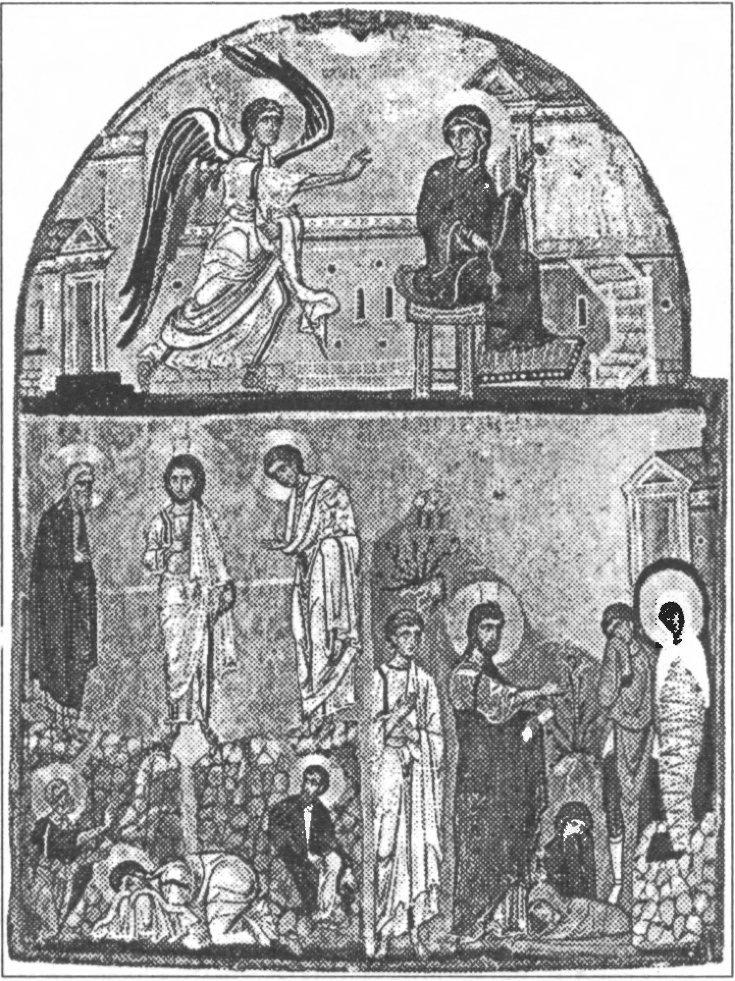 Ил. 83. Благовещение, Преображение, Воскрешение Лазаря. Трехчастная икона. Дерево, левкас, темпера. Вторая половина XII в. Часть тетраптиха с изображением Двенадцати праздников. Монастырь Св. Екатерины (Синай, Египет) Ил. 83. Благовещение, Преображение, Воскрешение Лазаря. Трехчастная икона. Дерево, левкас, темпера. Вторая половина XII в. Часть тетраптиха с изображением Двенадцати праздников. Монастырь Св. Екатерины (Синай, Египет)