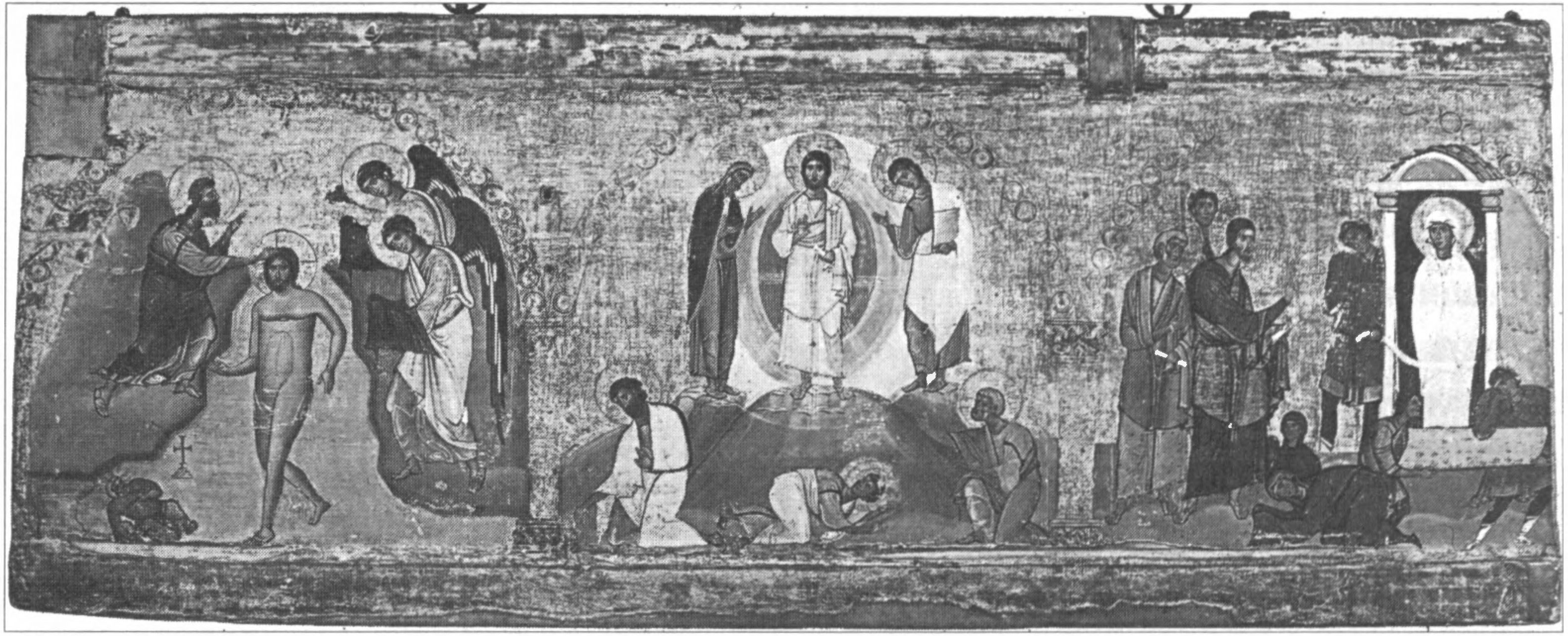 Ил. 84. Крещение Иисуса, Преображение, Воскрешение Лазаря. Эпистилий темплона. Вторая половина XII в. Дерево, темпера. Пинакотека монастыря Св. Екатерины (Синай, Египет) Ил. 84. Крещение Иисуса, Преображение, Воскрешение Лазаря. Эпистилий темплона. Вторая половина XII в. Дерево, темпера. Пинакотека монастыря Св. Екатерины (Синай, Египет)