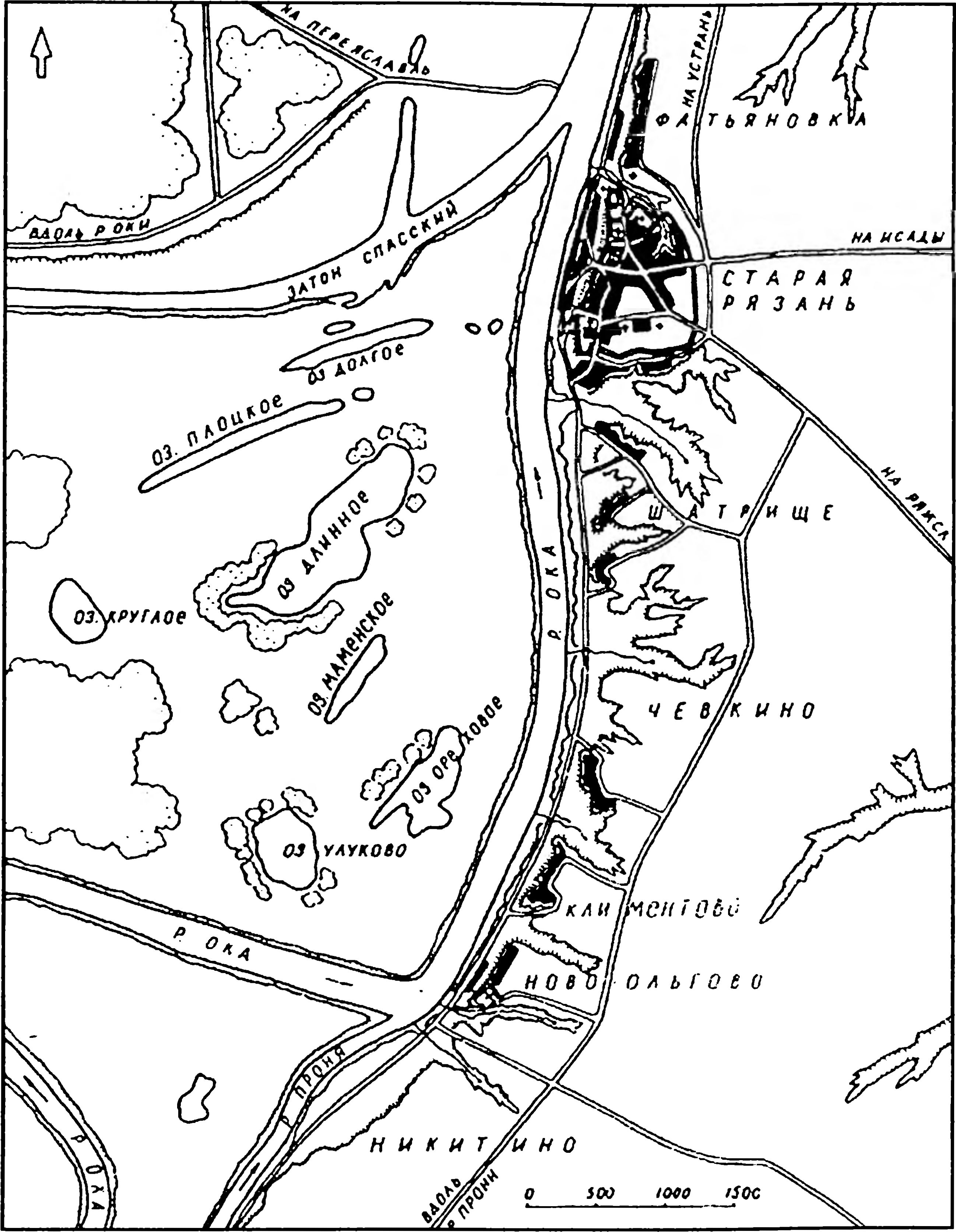 Рис. 11. Окрестности Старой Рязани, XIII в. Рис. 11. Окрестности Старой Рязани, XIII в.